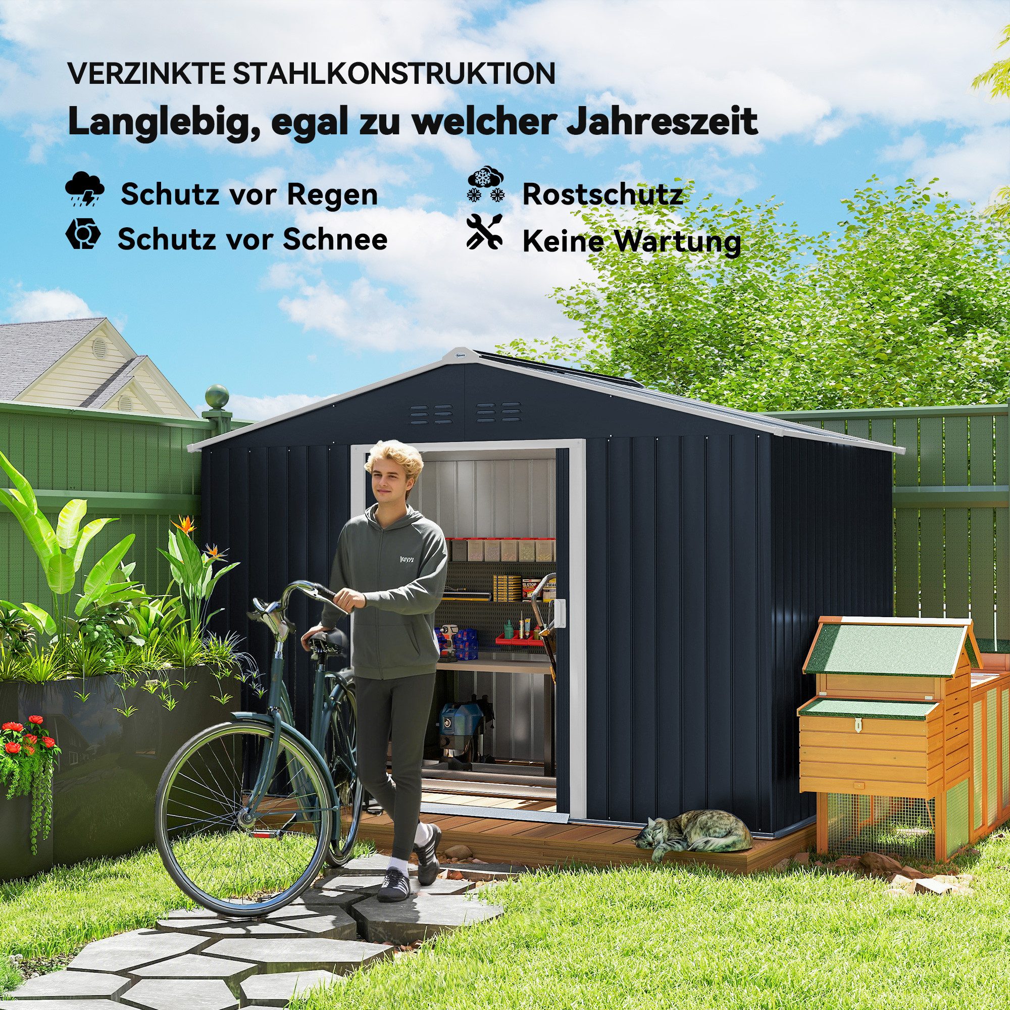 Outsunny Gerätehaus Gartenhaus mit Schiebetür, Fundament, Geräteschuppen, BxT: 277x195 cm, (Gartenhaus, 1 St., Geräteschuppen), aus Verzinkter Stahl, für Hinter – Bild 5 von 5