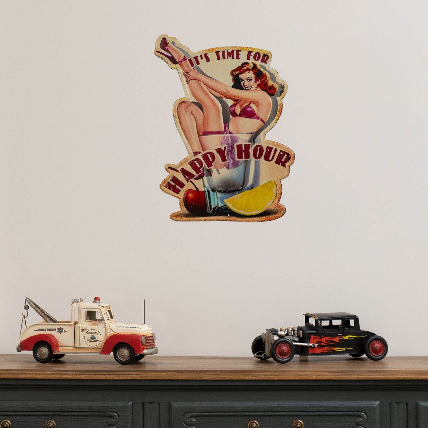 Moritz Metallschild Happy Hour Drinks Cocktail Bar Lady, Vintage Retro Deko Schild Metallschild Wandbild Schild