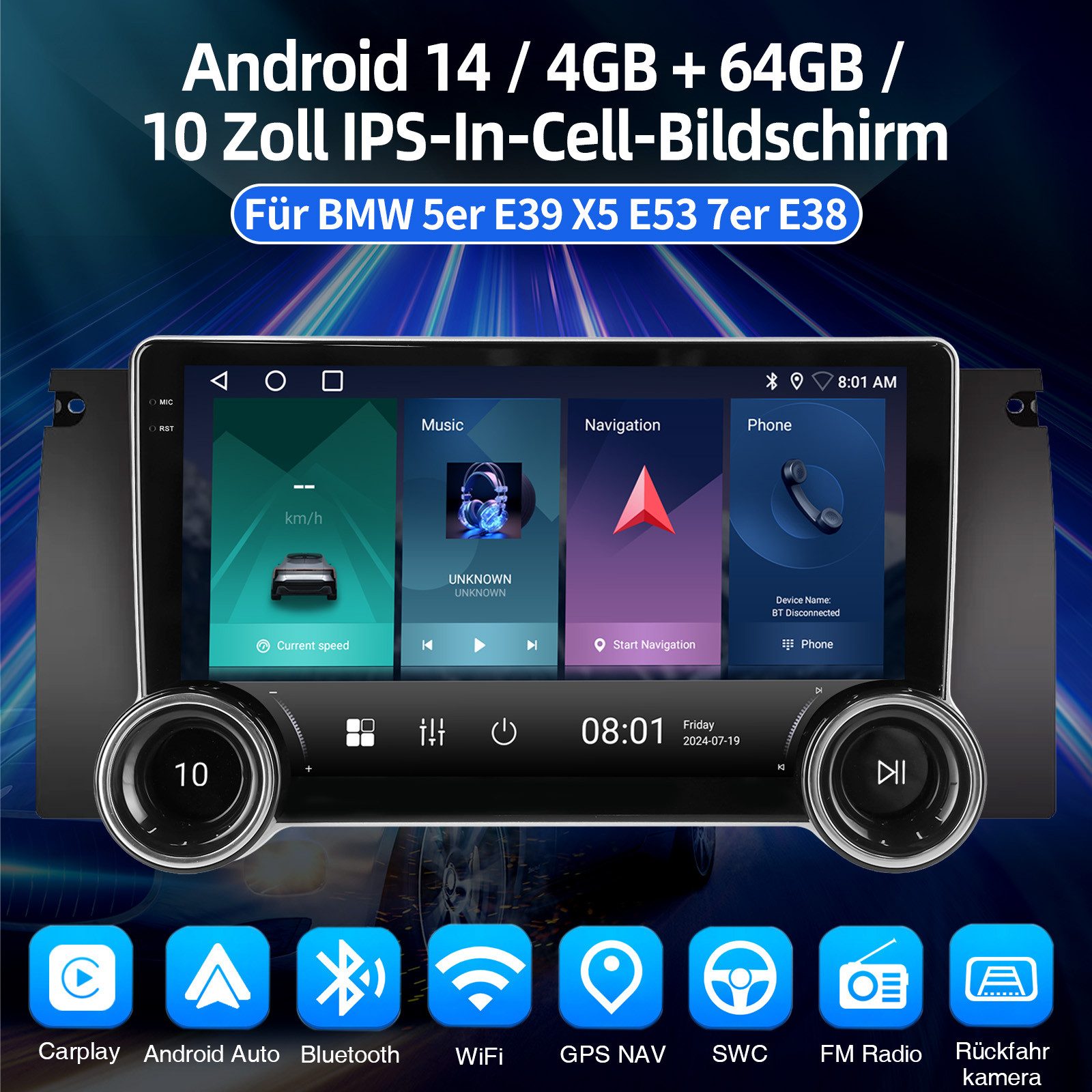 ESSGOO DAB+ Android 15 Autoradio Carplay Für BMW 5er E39 X5 E53 E38 GPS NAVI Autoradio (RDS, 4+64GB(optional), Digitalradio (DAB), FM, SWC, Apple Carplay Android Auto GPS Navi WIFI BT 4.1 EQ)
