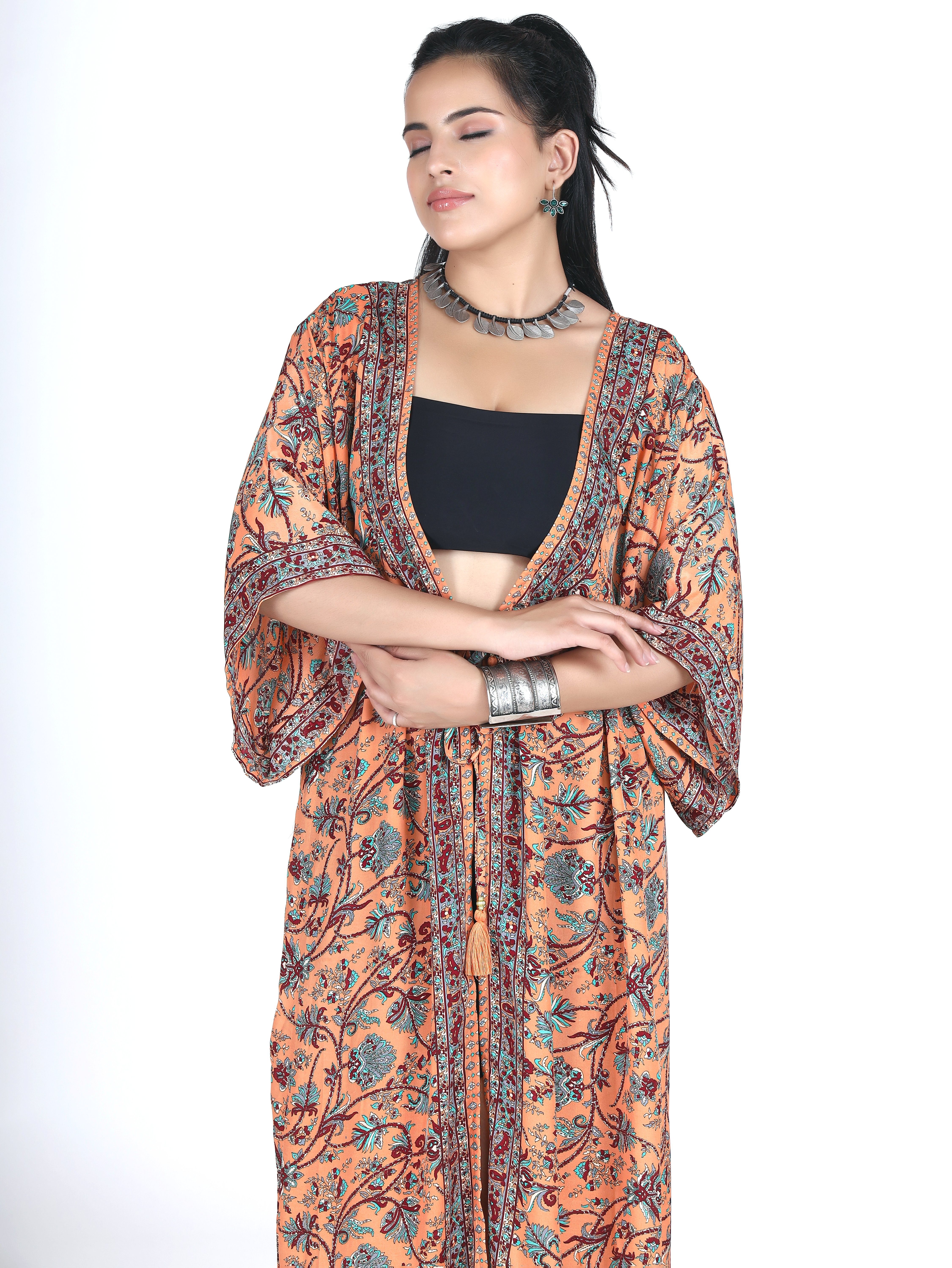 Guru-Shop Kimono Bekleidung seidig apricot Kimonokleid, Kimono,.., glänzender Boho alternative