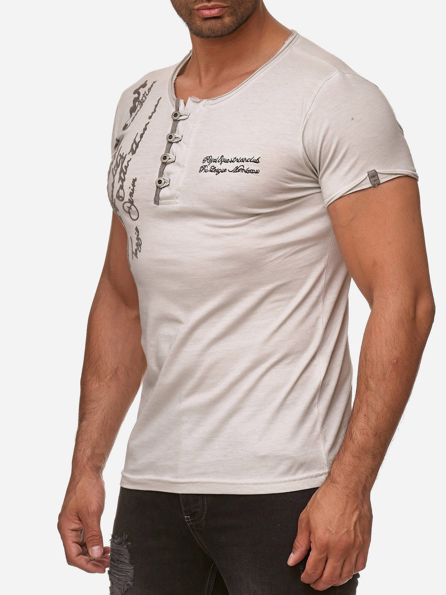 mit Tazzio Kragen Used Look grau und T-Shirt offenem Rundhalsshirt 4050-1 dezentem in Ölwaschung
