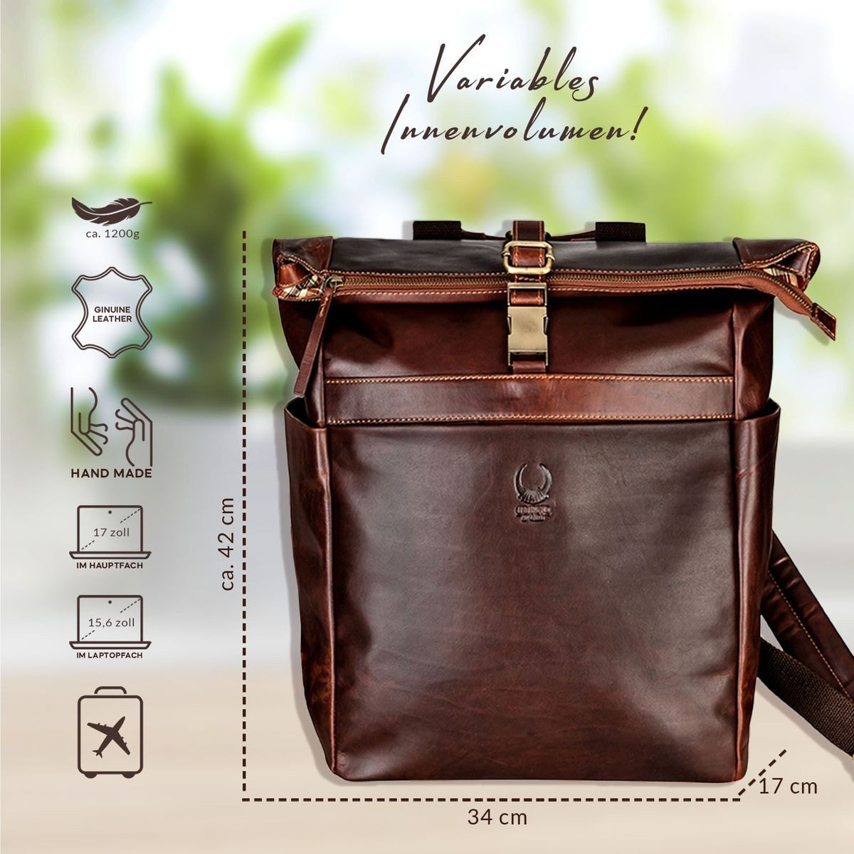 Corno d´Oro Rucksack Herren Leder Groß Handmade Rolltop Lederrucksack Damen, für 17 Zoll Laptop, verstellbares Volumen, viele Fächer