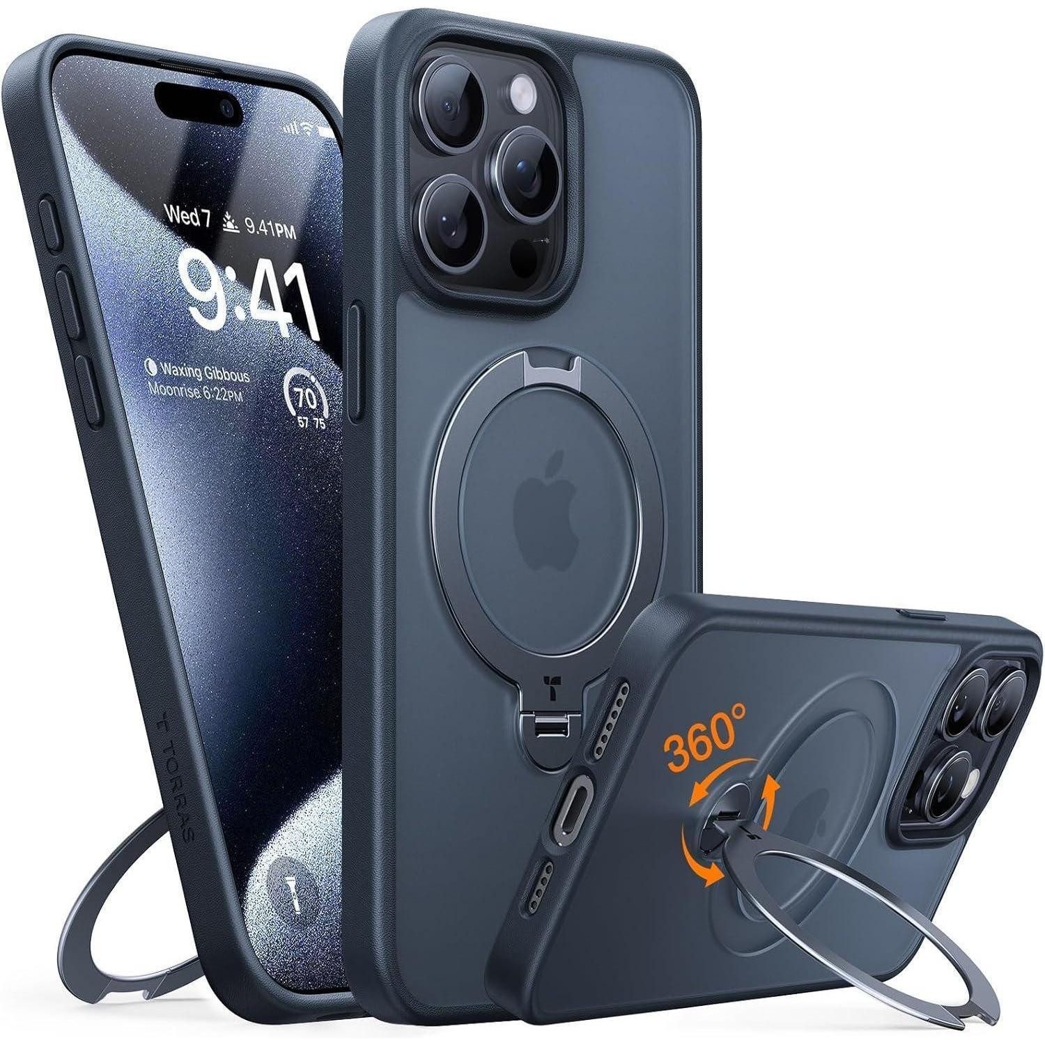 TORRAS Handyhülle 360° Ostand Spin iPhone 15 Pro Hülle Militärschutz Samtweiche