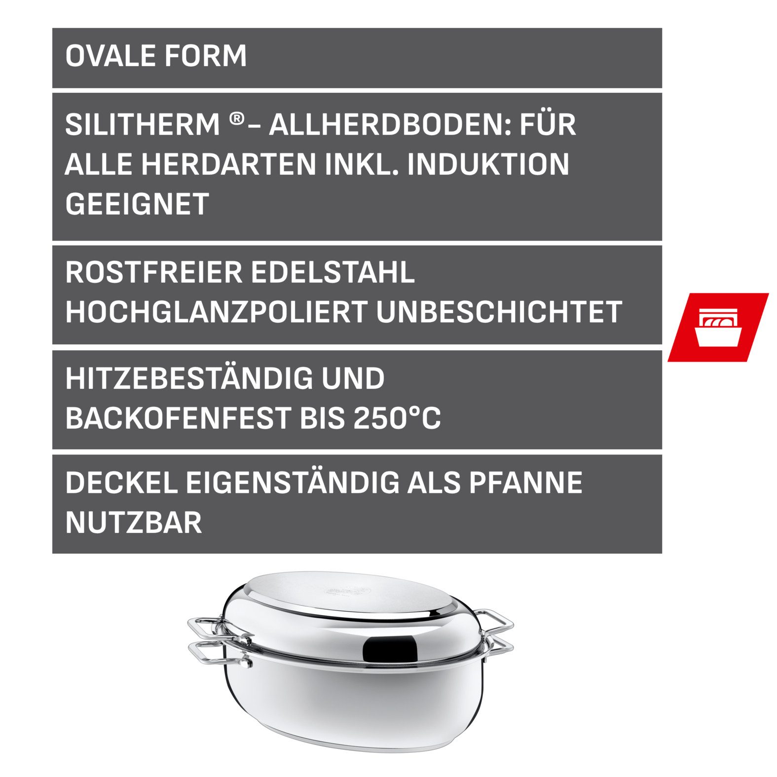 Silit Bräter Schmortopf mit Deckel 8,5l, backofengeeignet, induktionsgeeignet, Cromargan® Edelstahl Rostfrei 18/10, Deckel als induktionsgeeignete Pfanne nutzbar, für alle Herdarten