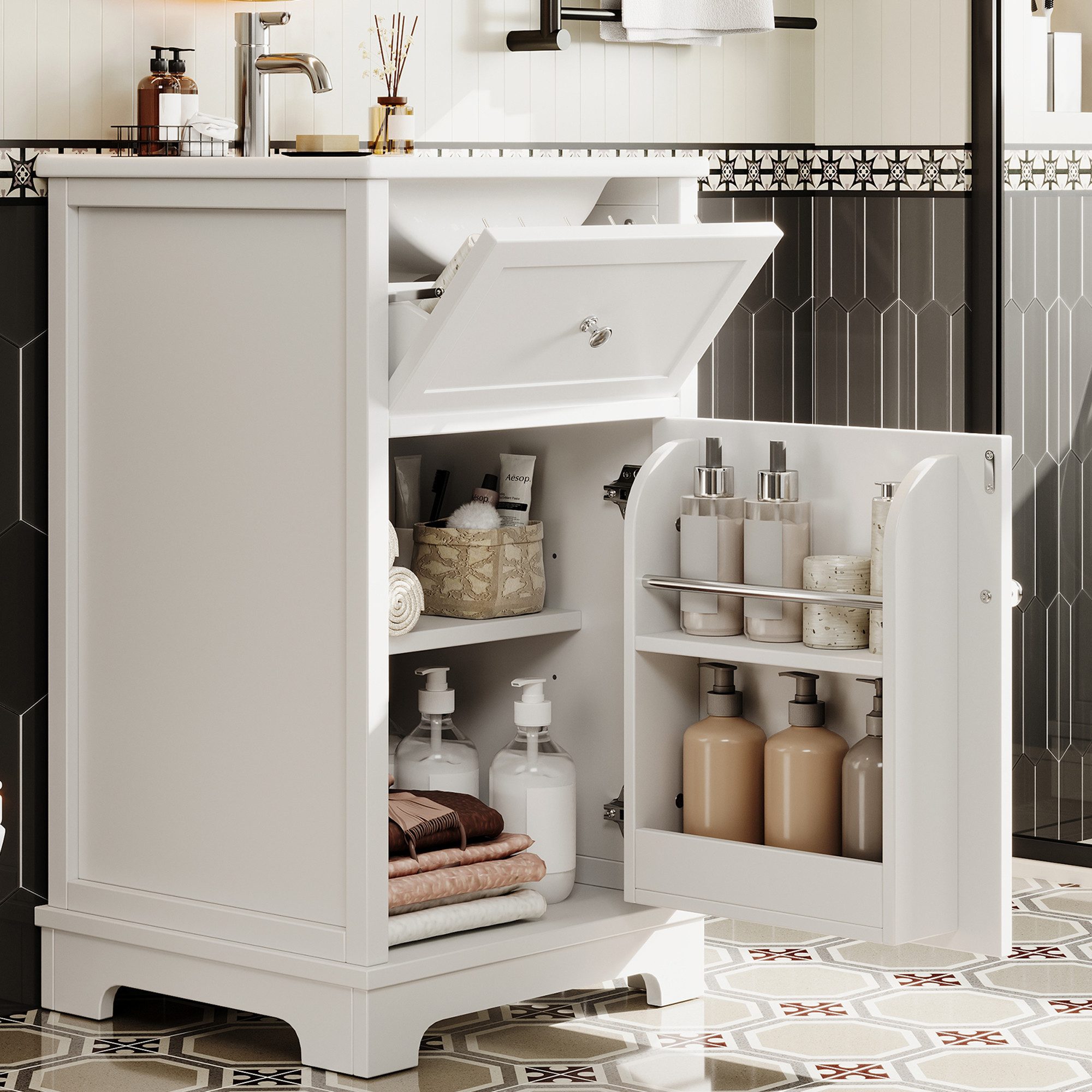 Wildhome Waschtisch 51 x 46 x 87 cm aus MDF in Weiß mit integriertem Keramikwaschbecken (1-St), Klappschublade, Seitentürhalter und erhöhte Schrankfüße