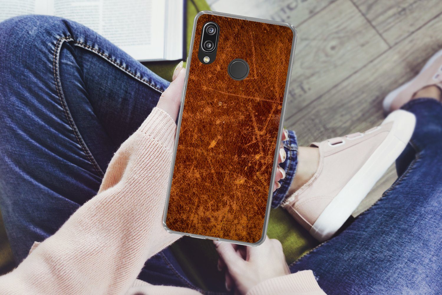MuchoWow Handyhülle für Huawei P20 Lite (2020) Leder - Lederoptik - Braun - Orange, Handy Case, Silikon, Bumper Case Dünn