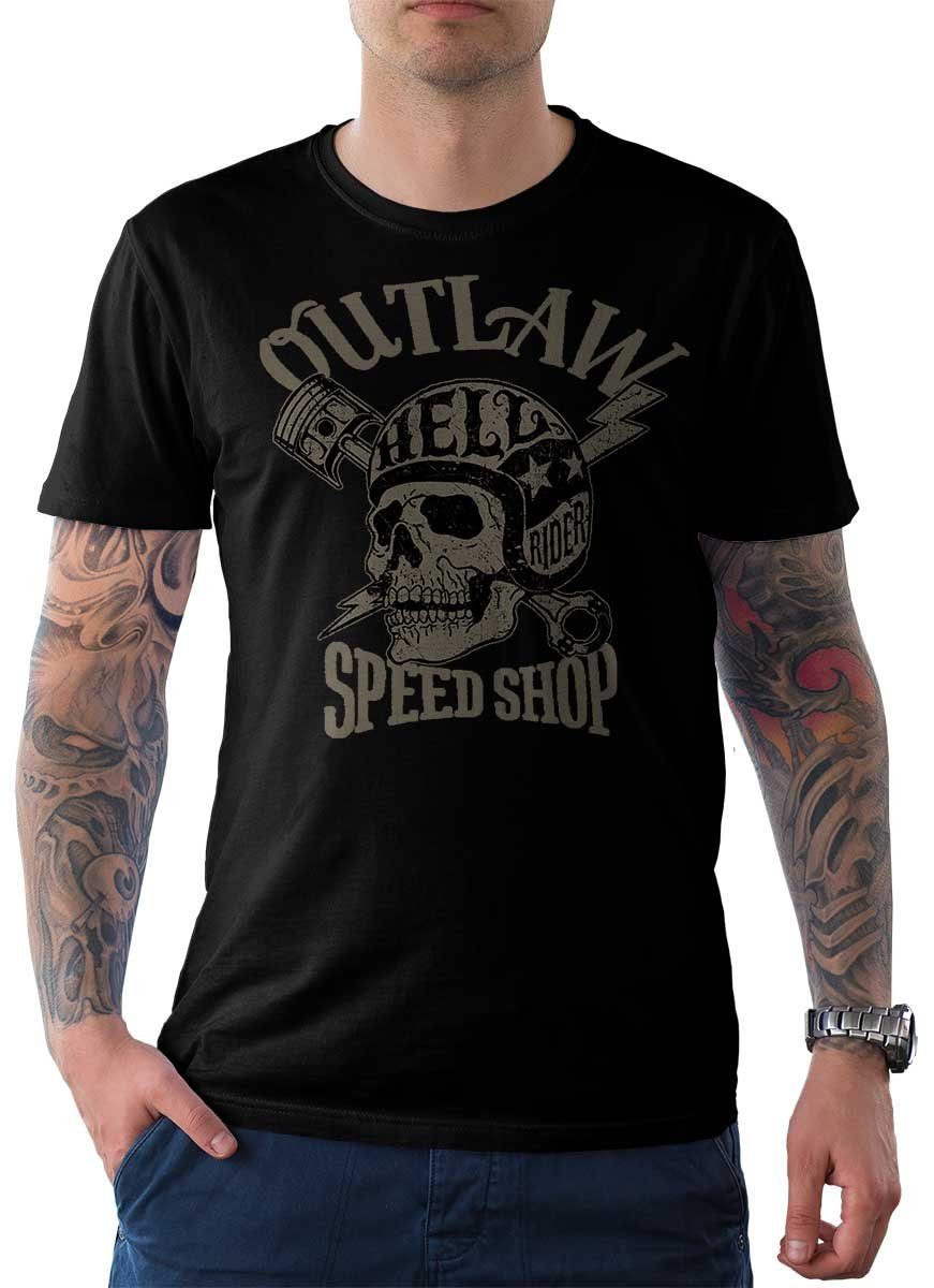 Rebel On Wheels T-Shirt Herren T-Shirt Tee Outlaw Speed Shop mit Biker / Motorrad Motiv Schwarz