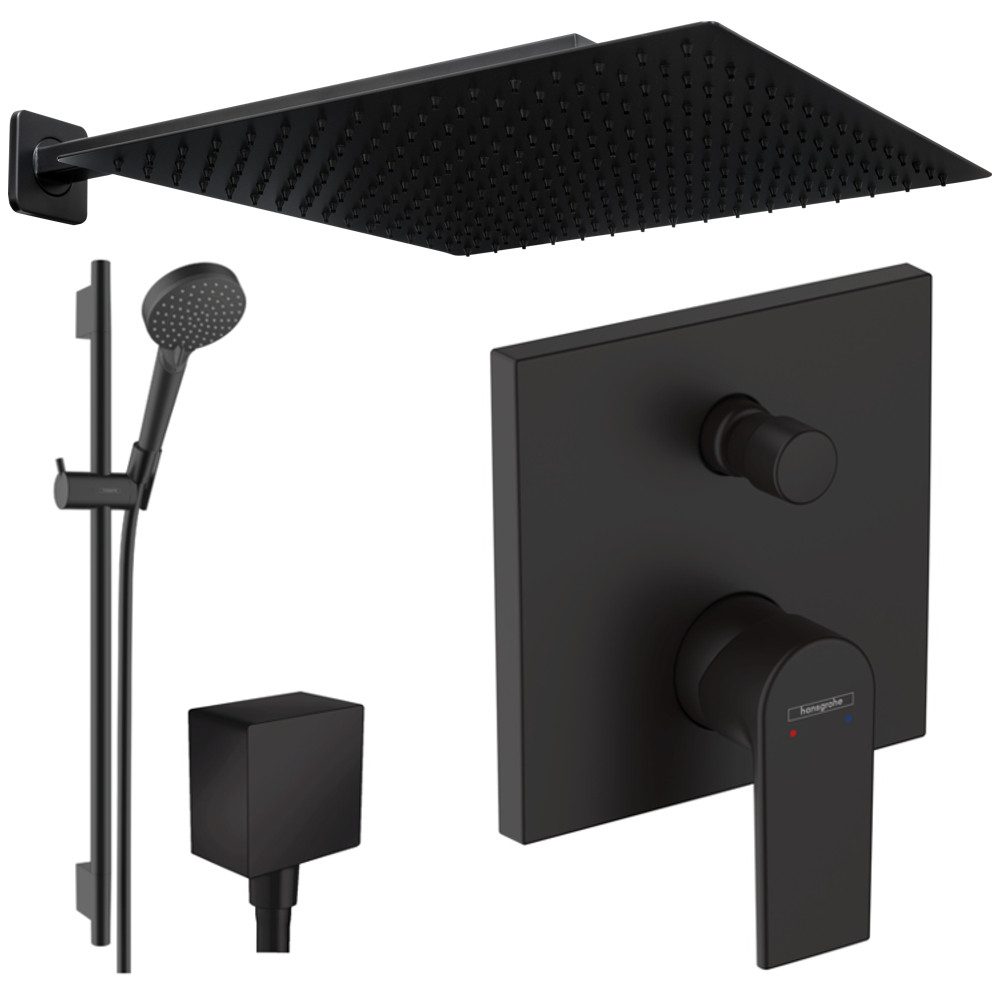 Hansgrohe und Jowi Duscharmatur Vernis Shape Duscharmatur, Duschsystem mit Kopfbrause, Schwarz (UP-Duschsystem, Set) Mattschwarz