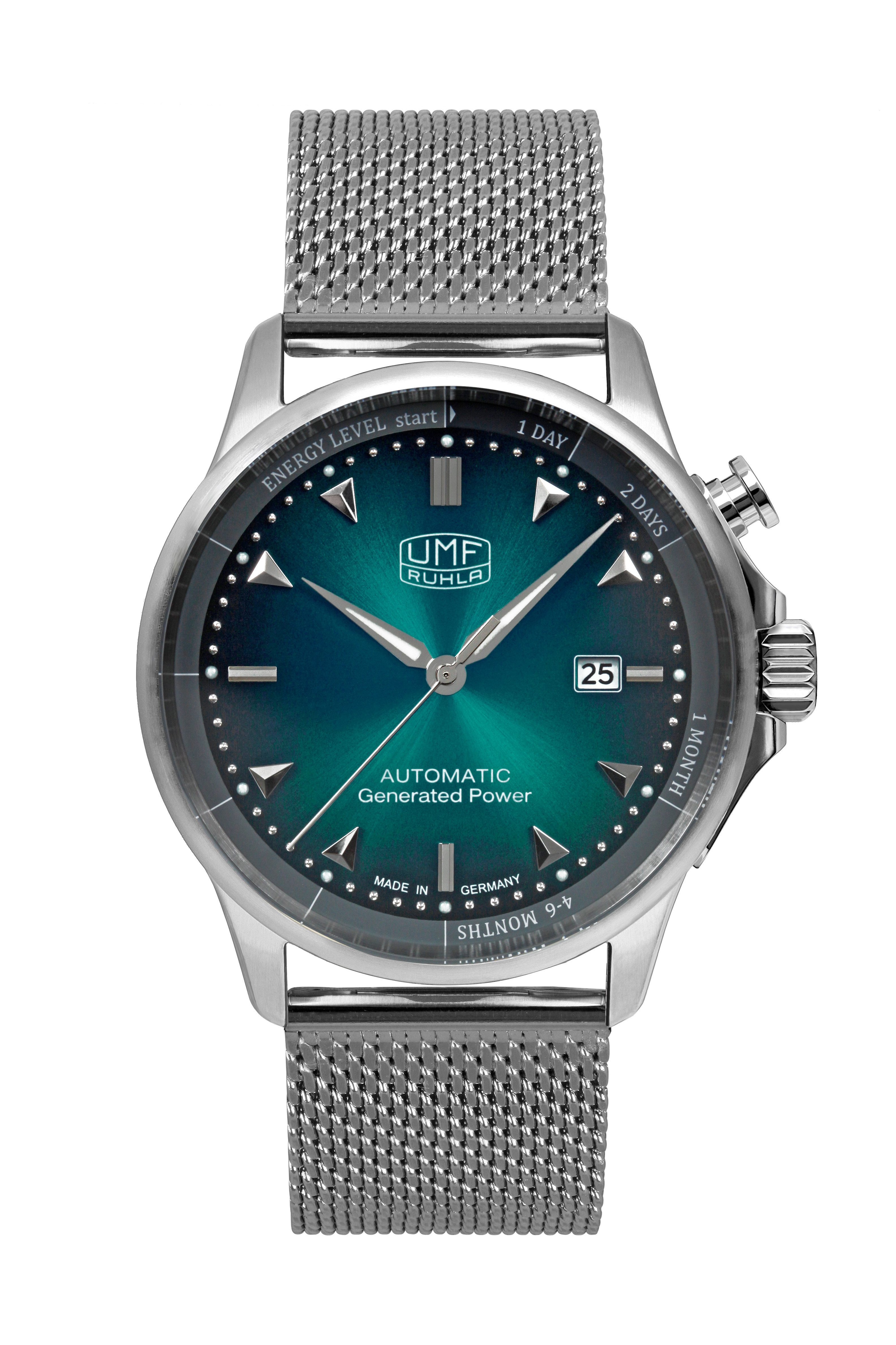 UMF Ruhla Kineticuhr 1064M-3, Autokinetic Herrenuhr, Zifferblatt in Türkis mit Milanaiseband - Made in Germany