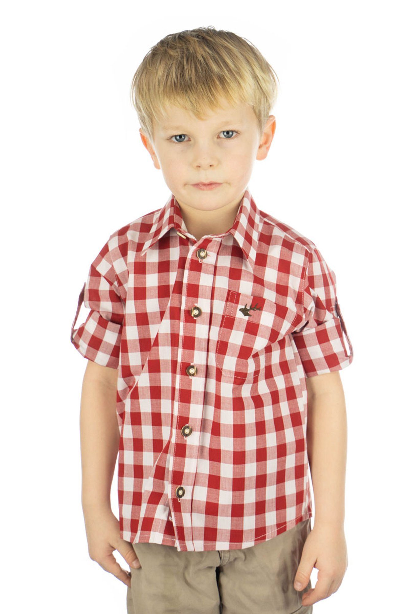 OS-Trachten Trachtenhemd Brumtu Langarm Jungen Hemd mit Hirsch-Stickerei auf der Brusttasche mittelrot