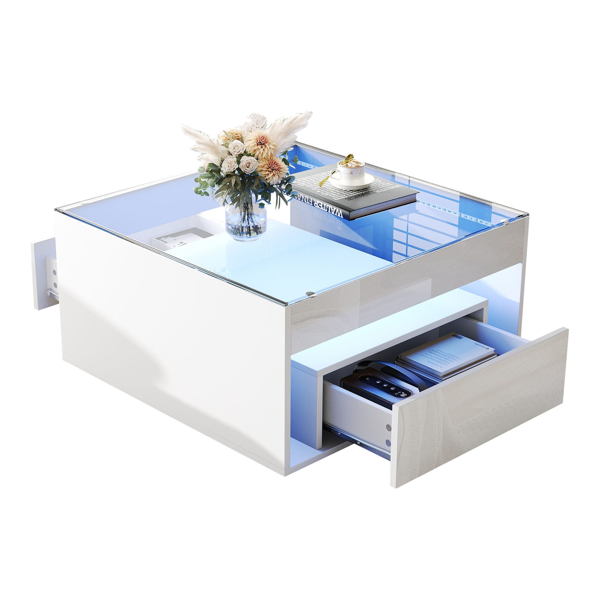 Merax Couchtisch hochglanz Sofatisch Beistelltisch mit LED-Beleuchtung (1-St., ideal für kleine Wohnzimmer), Wohnzimmertisch mit 2 Schubladen & gehärteter Glasplatte, 70x70x35cm