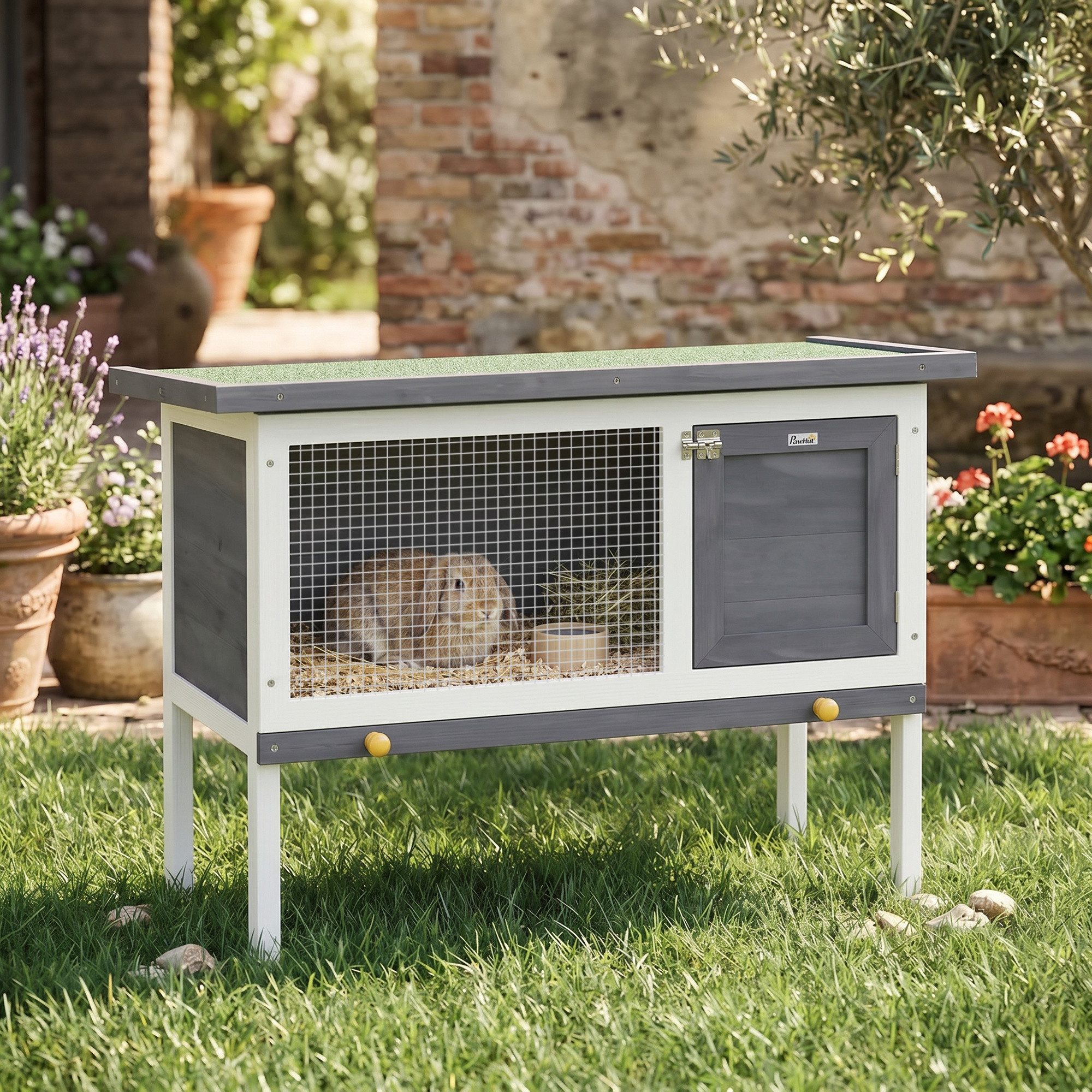 PawHut Hasenstall Kaninchenstall aus Holz 90x45x65 cm erhöhter Kaninchenkäfig mit aufklappbar Bitumendach, herausziehbarer Schublade, Tür, Metallgitter, Hasenkäfig für Kleintiere Outdoor Grau   Aosom von PawHut