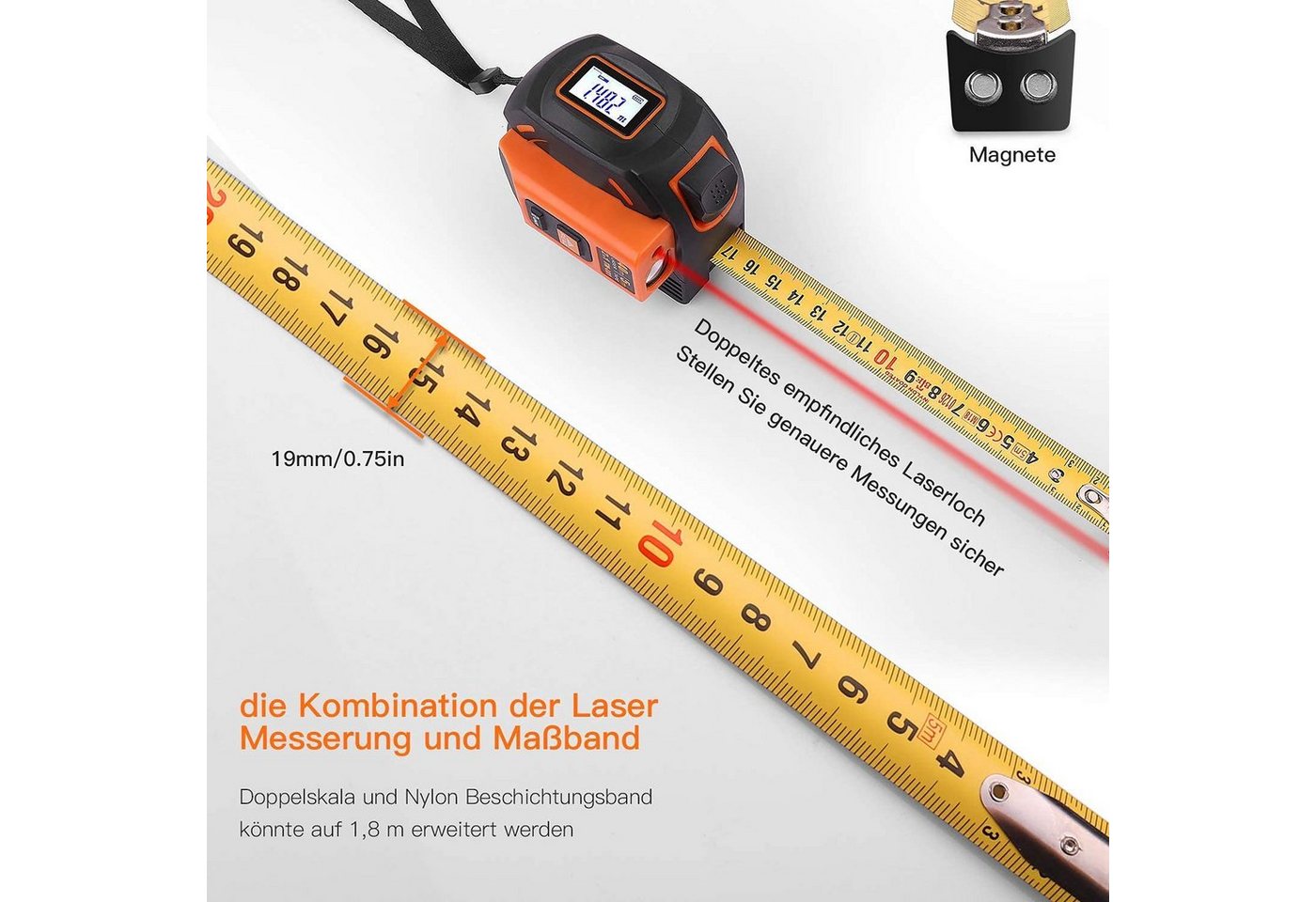 Thumbnail - TACKLIFE Rollbandmaß, 2 in 1 Laser Entfernungsmesser 40m+5m Massband