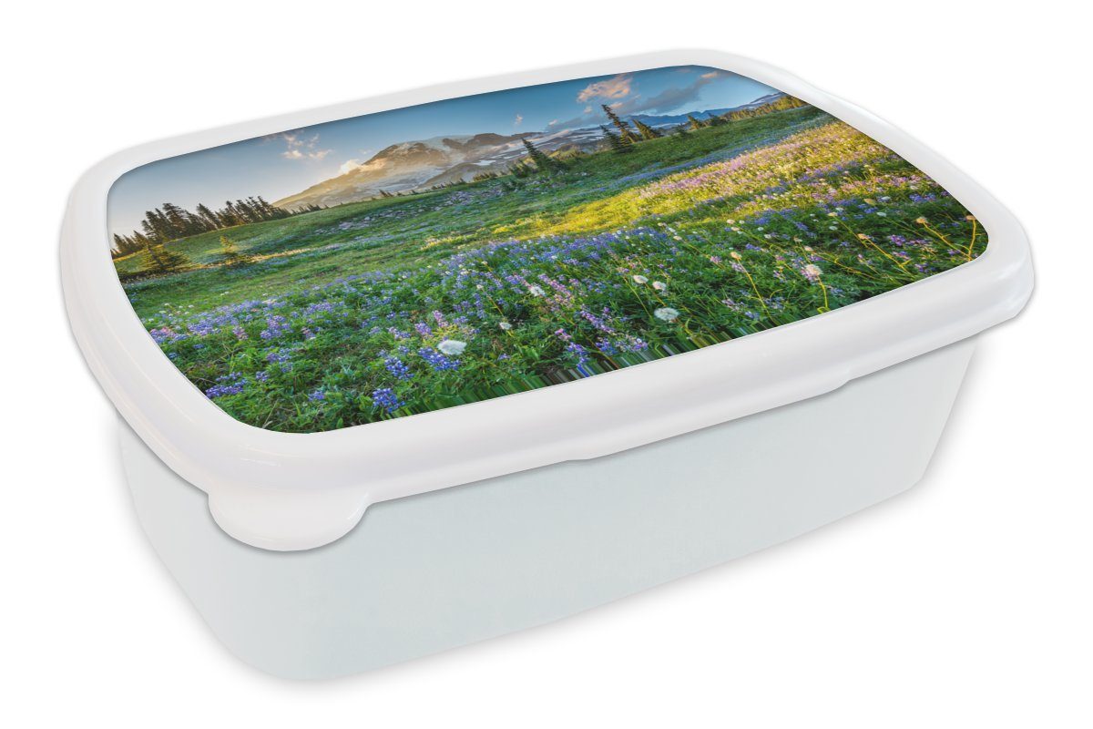 MuchoWow Lunchbox Berg - Blumen - Frühling, Kunststoff, (2-tlg), Brotbox für Kinder und Erwachsene, Brotdose, für Jungs und Mädchen weiß