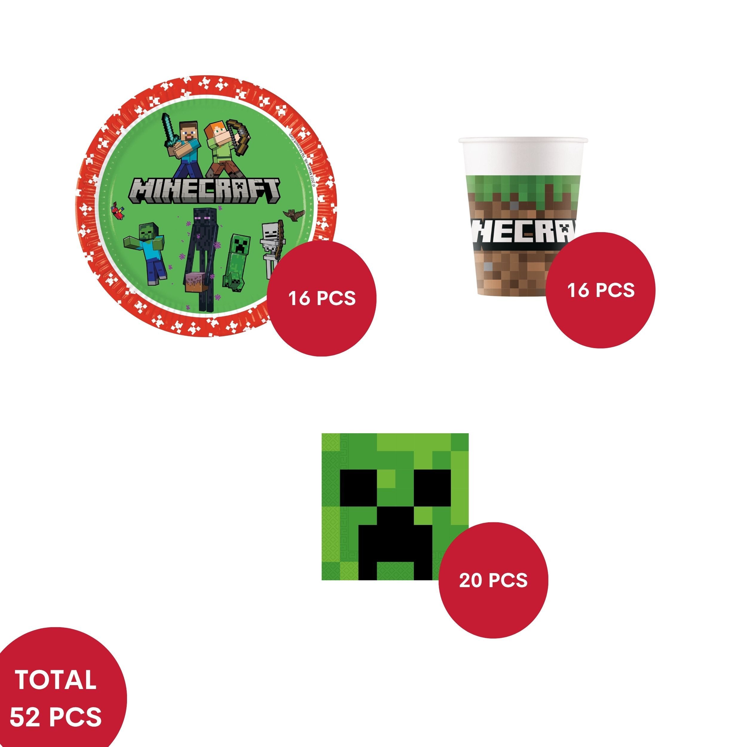 Procos Einweggeschirr-Set Minecraft Partygeschirr Set 52-tlg Kindergeburtstag Zocker Teller, 16 Personen – Bild 2 von 5