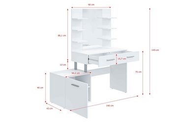 Furnix Schminktisch CATRIONA Frisiertisch mit Spiegel Seitenschrank & Ablagen Weiß, B140 x H145 x T43 cm, Stauraumwunder, dekorativ, made in Europe