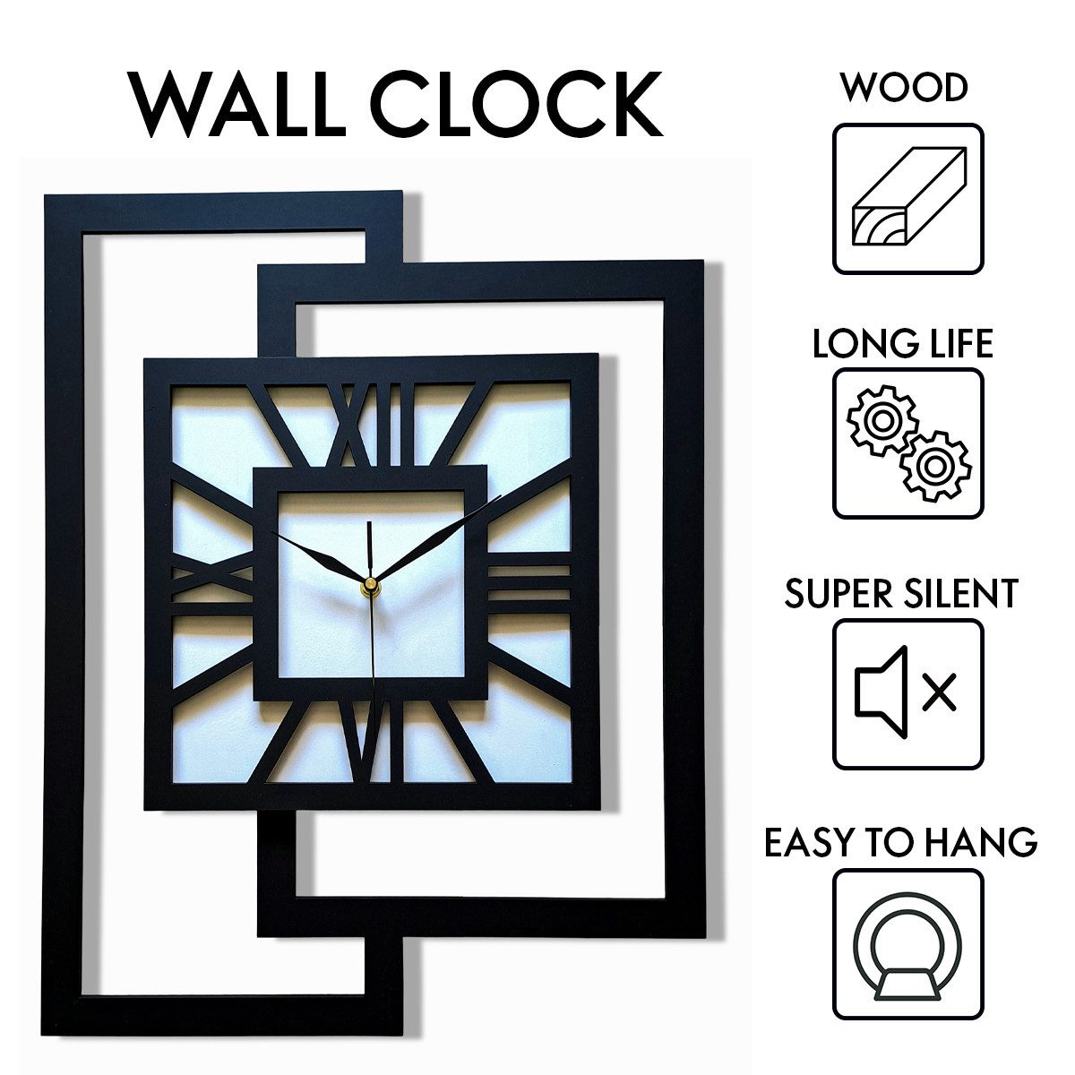 ORNAMENTI Wanduhr Grosse, moderne, geometrisch, Holz, hingucker, Loft, Rechteck (römisch, römische Ziffern, ohne Ticken, Wanddeko)