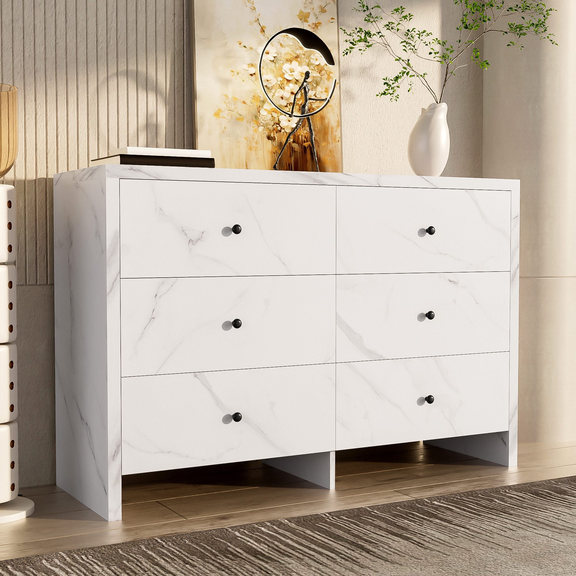 Merax Schuhkommode Sideboard mit Marmor-Optik (1 St), Aufbewahrungsschrank mit 6 Schubladen & Holzgriff, Breit:120cm