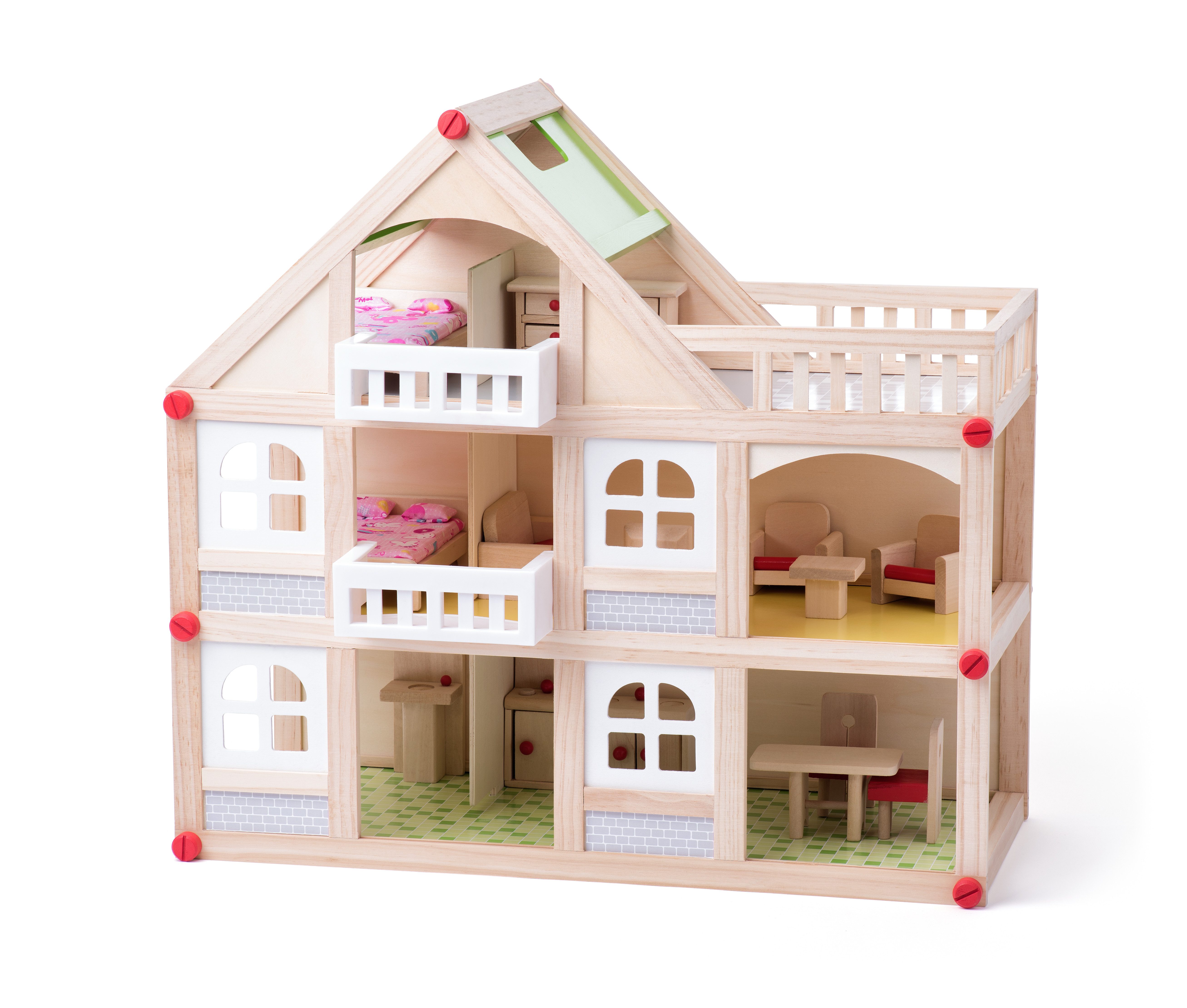 Lernspielzeug Großes Holz-Puppenhaus mit 3 Etagen. inkl. Zubehör Möbel und Puppen