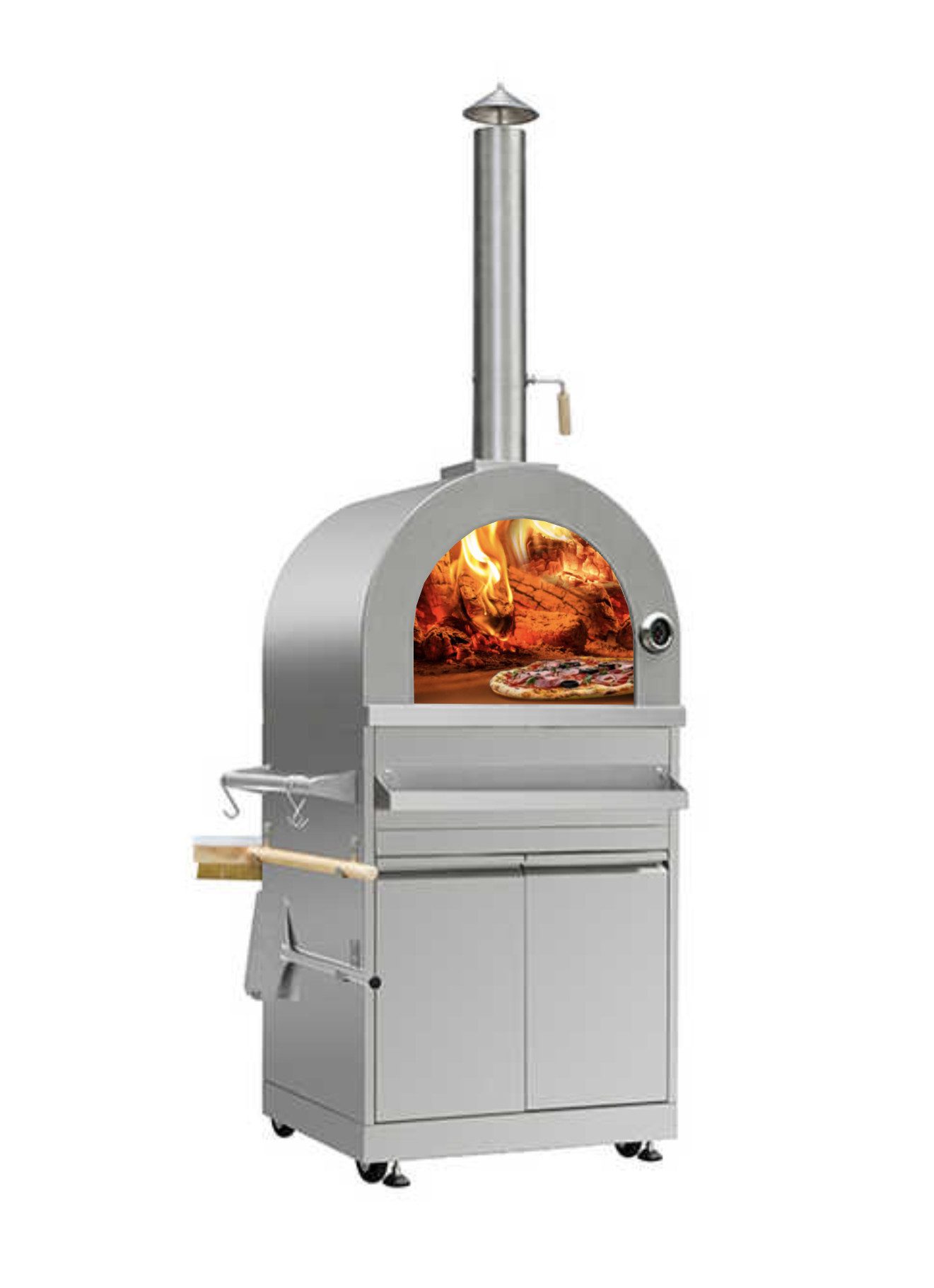 Teico Pizzaofen Premium Outdoor Pizzaofen Backofen Backstein Thermometer Zubehör, mit Rollen, Rauchaustrittsventil, Thermometer, Edelstahl