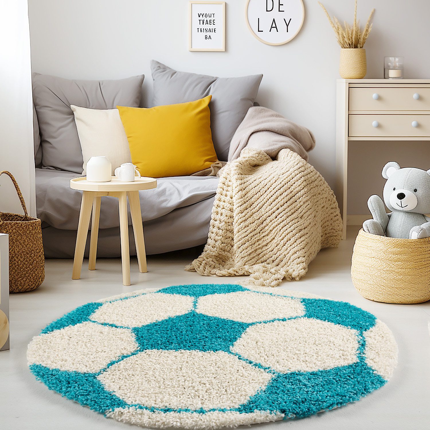 KADIMA DESIGN Kinderteppich Teppich Kinderzimmer Rund MATREI Fußball Hochflor Shaggy Jute, Rund, Höhe: 32 mm, Türkis, 100x100 cm, Strapazierfähig Waschbar