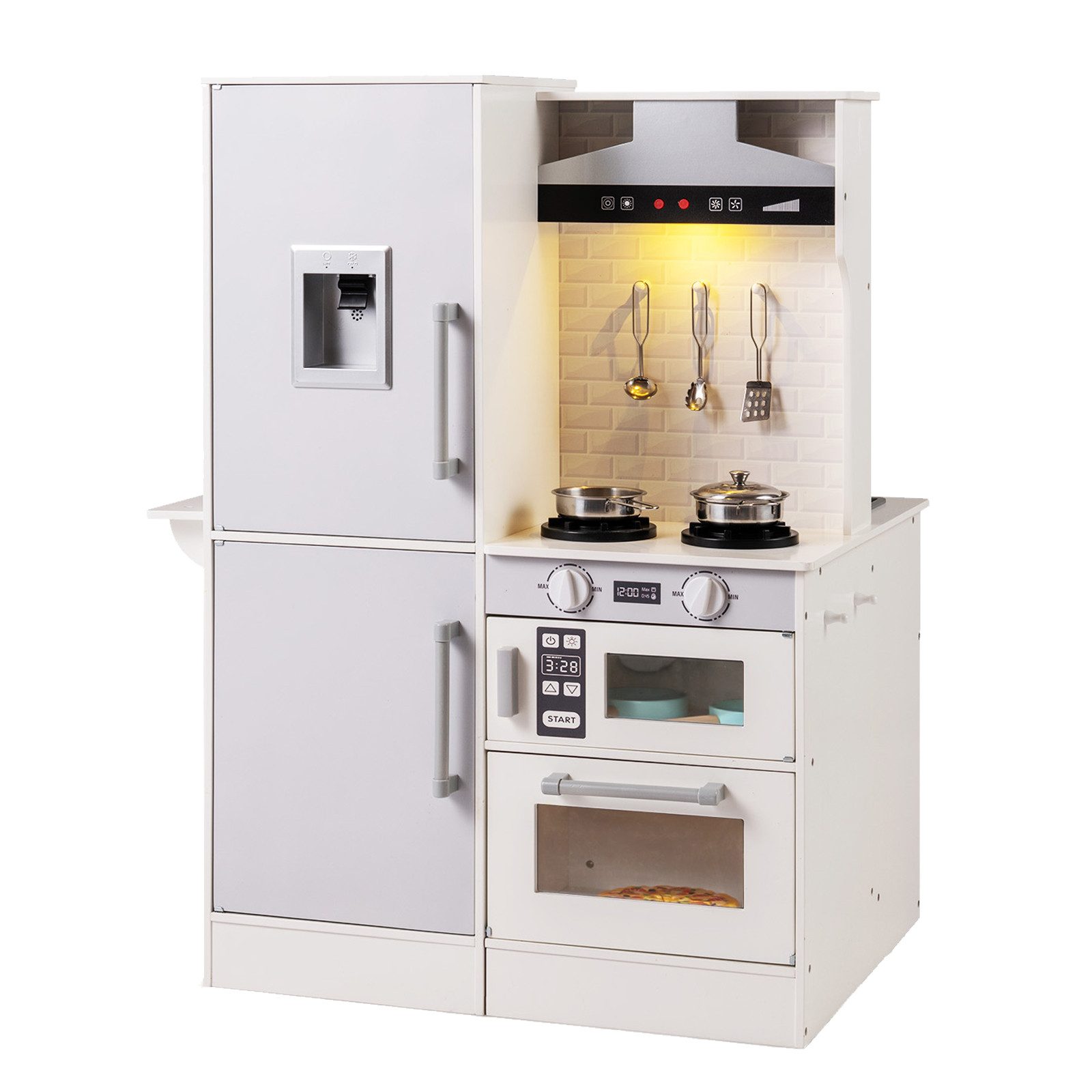 COSTWAY Spielküche MDF, Doppelseitige Kinderküche mit Dunstabzugshaube & Mikrowelle