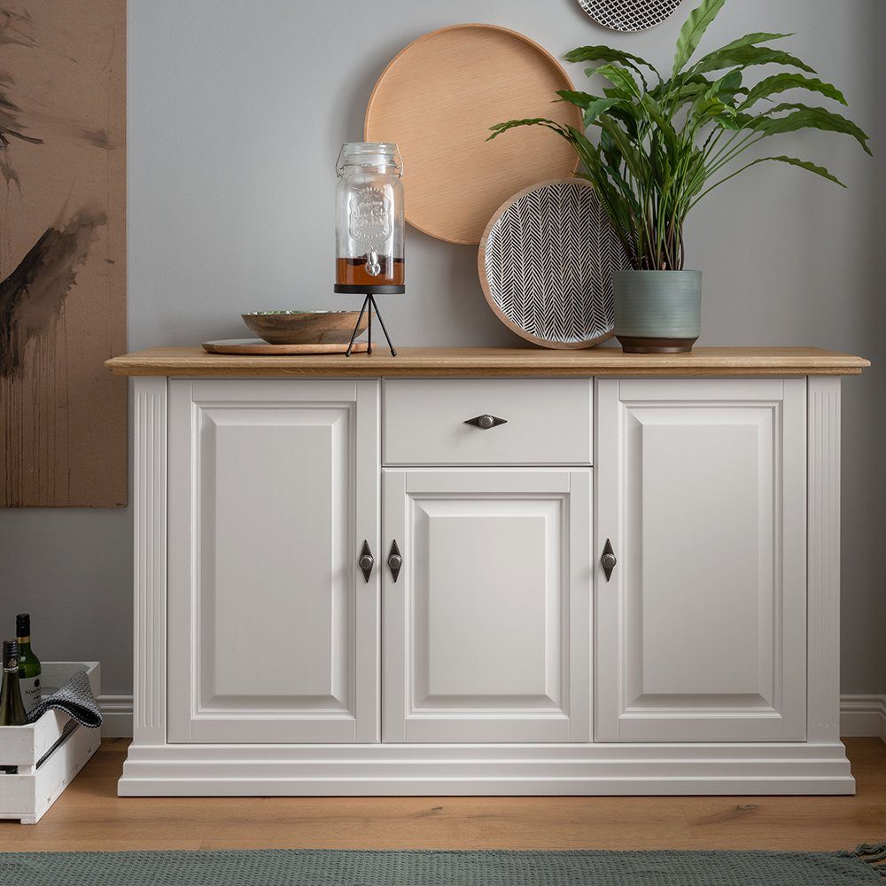 Lomadox Sideboard ESBJERG-69, Kiefer weiß lackiert mit Eiche geölt, Landhausstil