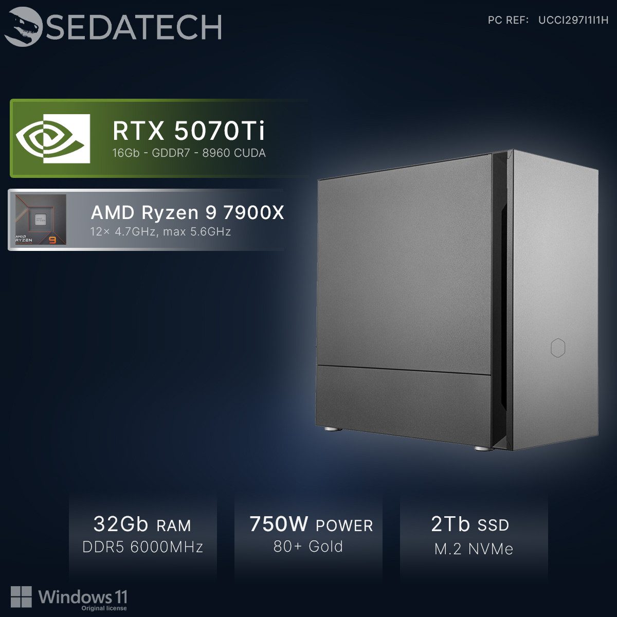 Sedatech UCCI297I1I1HF - Gaming-PC (AMD Ryzen 9 7900X 12x 4.7GHz (max 5.6GHz), Geforce RTX5070Ti 16GB, 32 GB RAM, 2000 GB SSD, Wlan 6E)