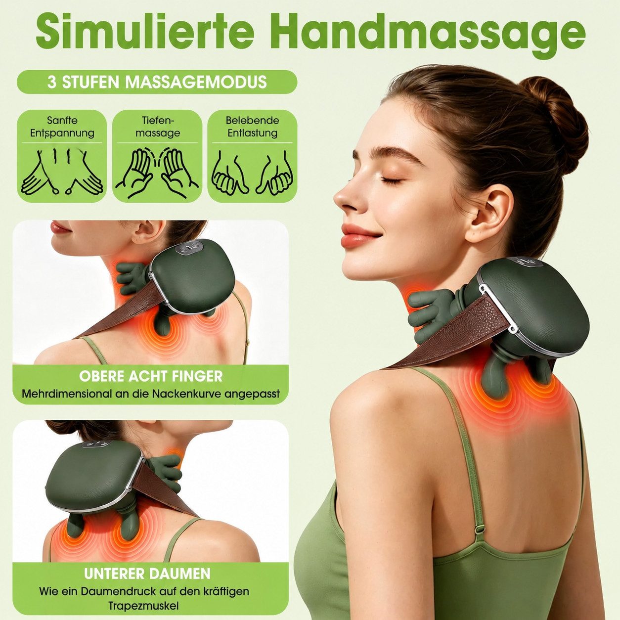 ibettertec Nacken-Massagegerät Nackenmassagegerät mit Wärmefunktion, kabelloses Shiatsu Massagegerät, für Nacken, Schultern und Rücken, 3 Intensitätsstufen, 200 – Bild 3 von 5