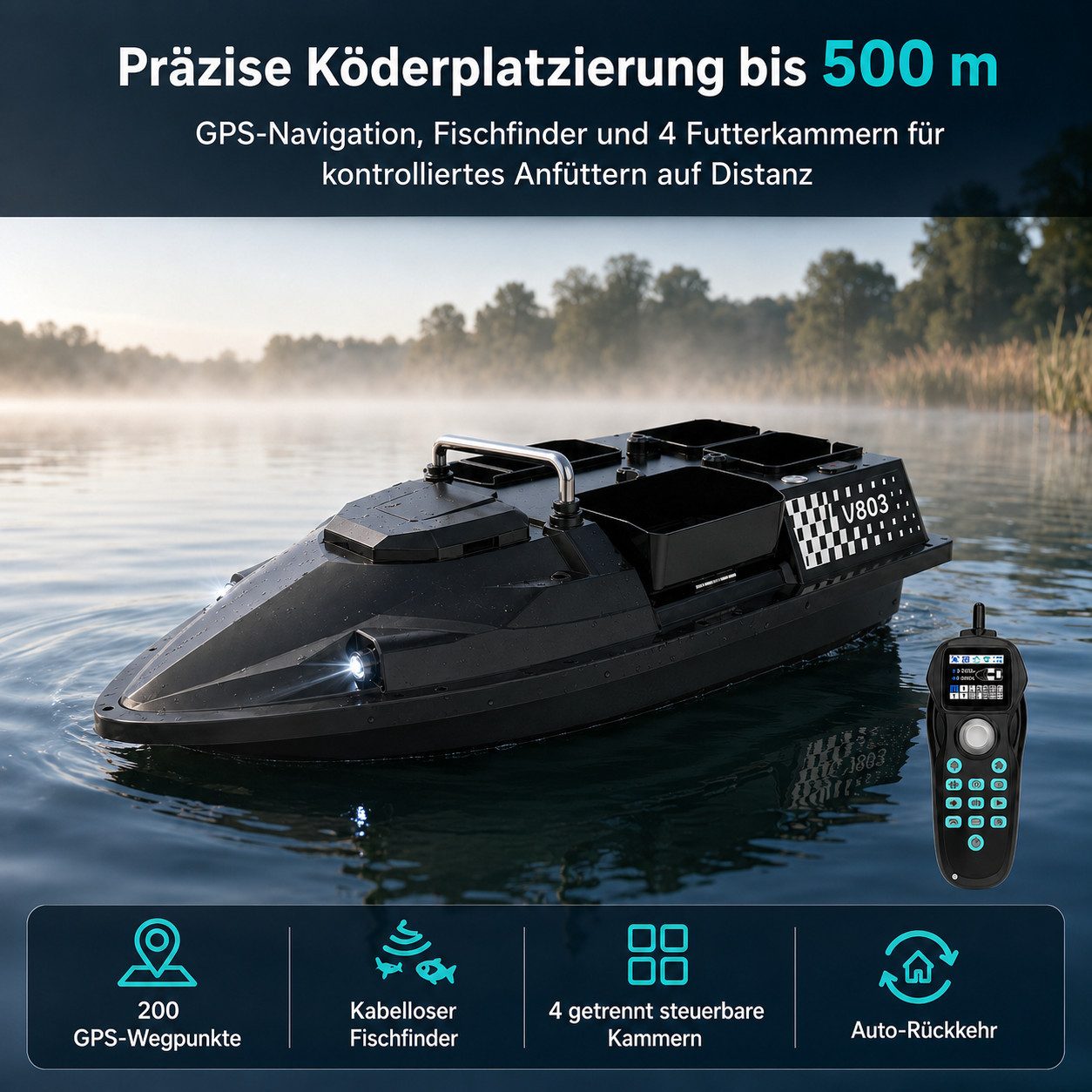 Tekoo RC-Boot GPS Futterboot mit Fischfinder, 4 Kammern, 3kg, 2x12000mAh (Set), 200 GPS-Ankerpunkte, Auto-Rückkehr-Funktion, Gyroskop-Stabilisierung