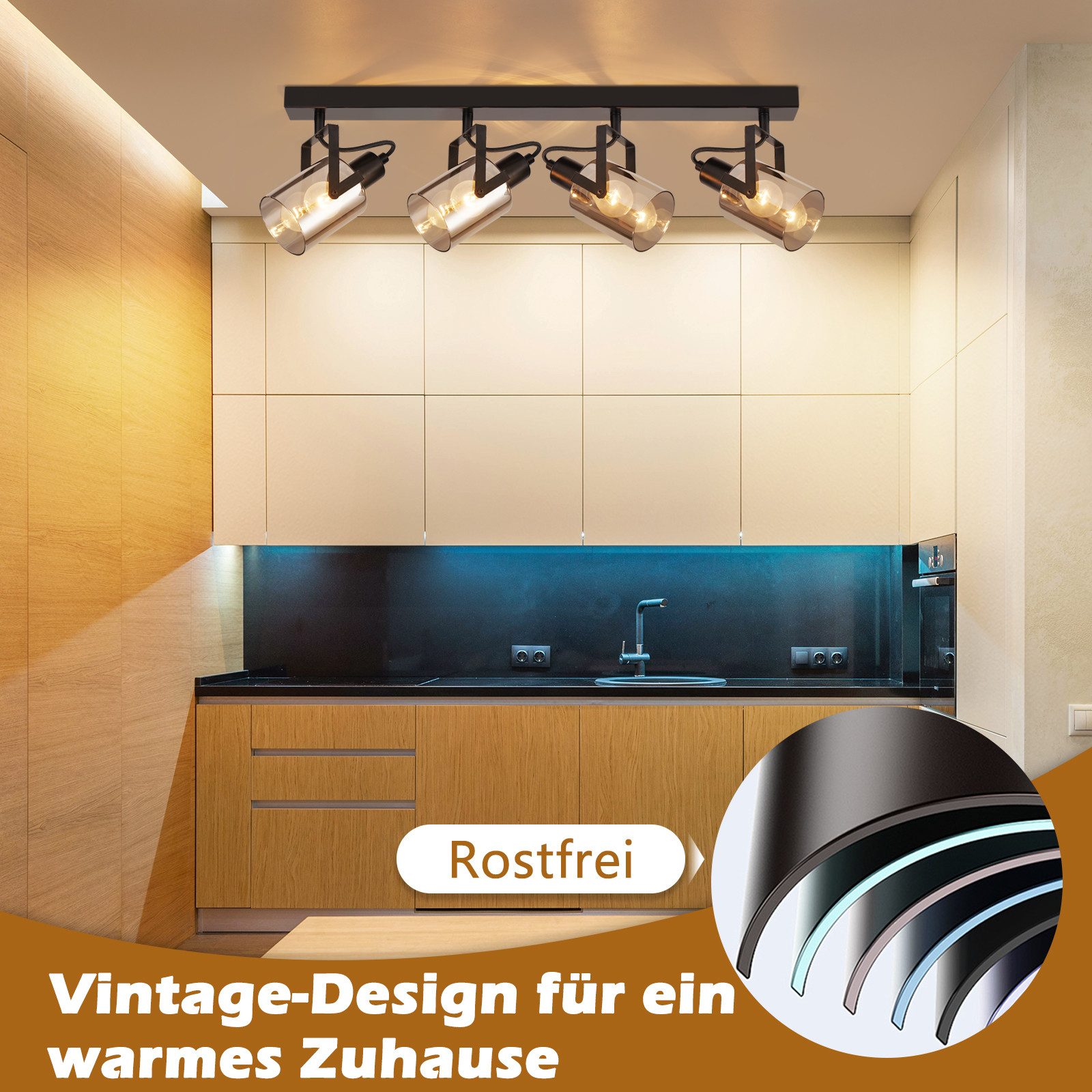 Nettlife Deckenstrahler Vintage 1/2/3/4 flammig Deckenspot Glas Rauchgrau E14, 350° Schwenkbar, ohne Leuchtmittel, für Wohnzimmer Schlafzimmer Flur Küche Esszim – Bild 4 von 5
