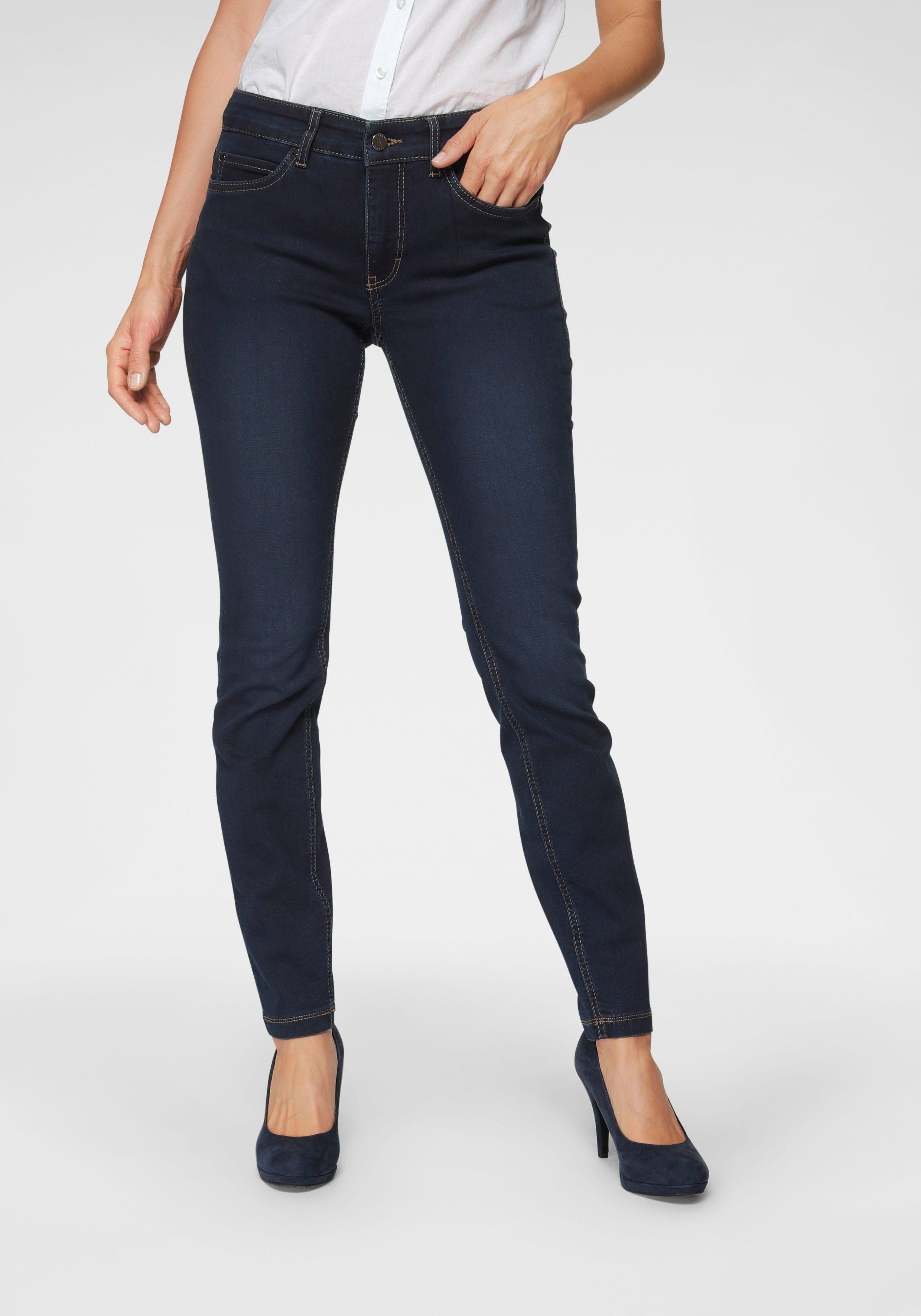 Sitz Skinny-fit-Jeans dark Qualität Dream MAC wash sorgt den für blue Hochelastische perfekten Skinny