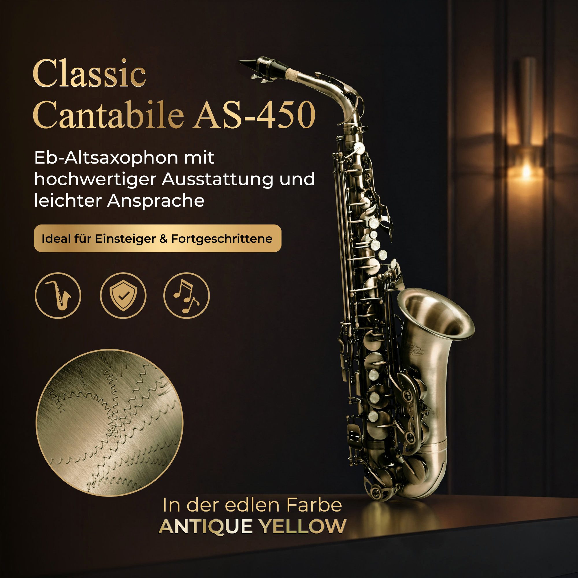 Classic Cantabile Saxophon - Alt Saxophon, Alto Sax, 5-St., Set mit Koffer & Zubehör, Altsaxophon mit Hoch-Fis-Klappen