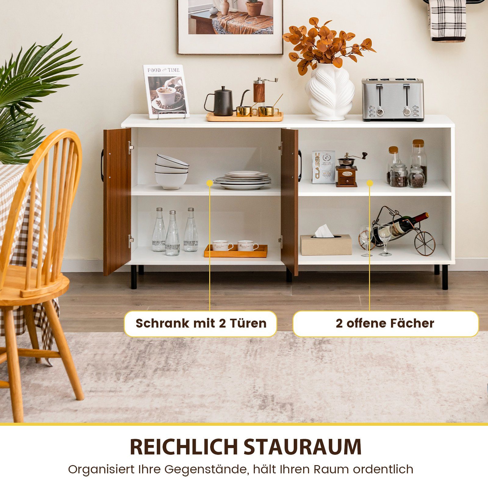 COSTWAY Sideboard, mit Schrank und 2 offenen Fächern,Holz,148x40x75cm günstig online kaufen