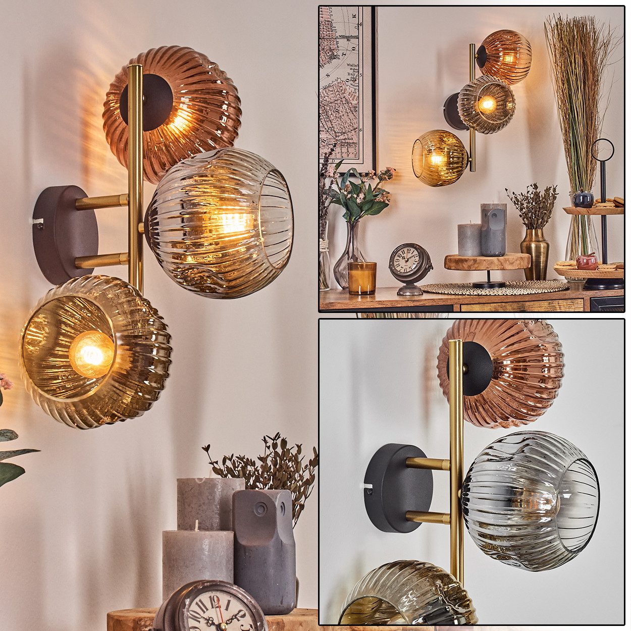 hofstein Wandleuchte Wandlampe aus Metall/Riffelglas, Schwarz/Gold/Chrom/Rauch/Kupfer/Klar, ohne Leuchtmittel, moderne Wandleuchte im Retro/Vintage-Design (Schirme 15 cm), E14