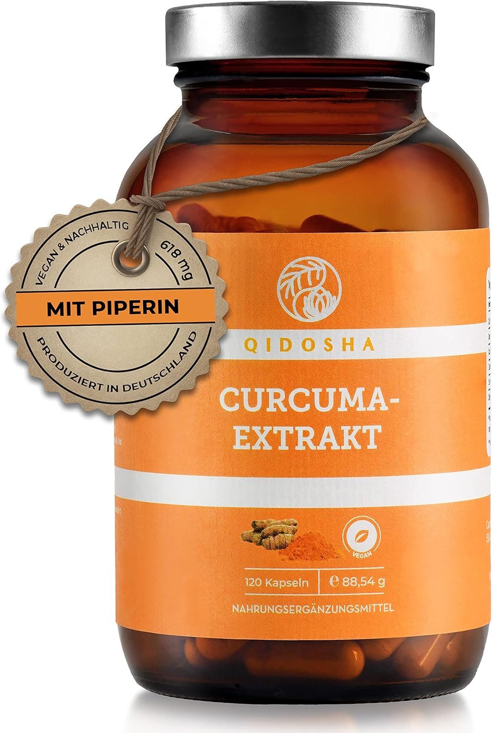 QIDOSHA Curcuma-Extrakt Kapseln, hochdosiert mit Piperin, 618 mg Curcuma Extrakt Kapseln, davon 316 mg reiner Curcuma-Extrakt mit hohem Curcumin-Anteil, vegan, laborgeprüft à 120 St., 89 g