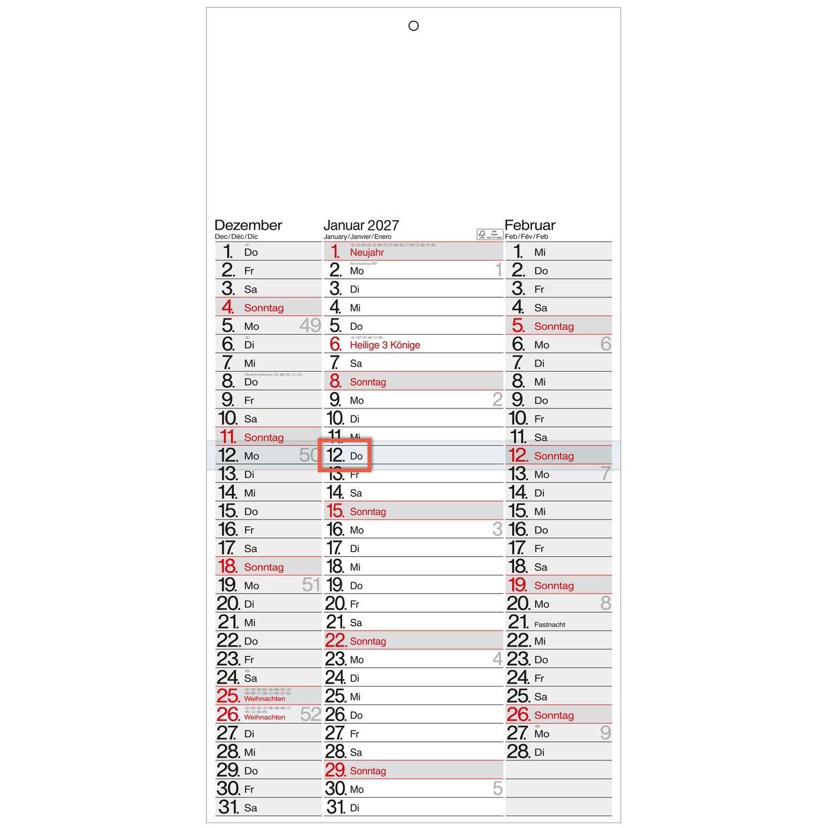 GÜSS Kalender Wandkalender 3-Monatskalender 30x64cm Kalendarium 2027
