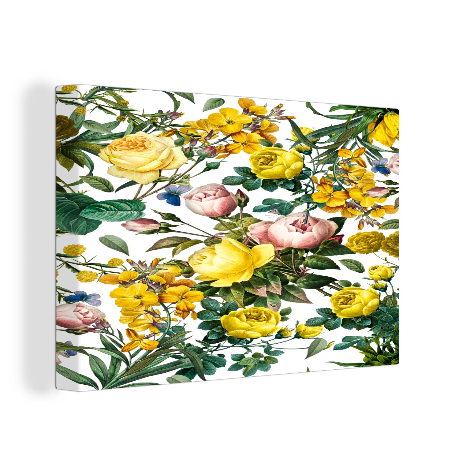 OneMillionCanvasses® Leinwandbild Blumen - St), Aufhängefertig, - Gelb Wandbild Leinwandbilder, Wanddeko, 30x20 (1 Schmetterling, cm