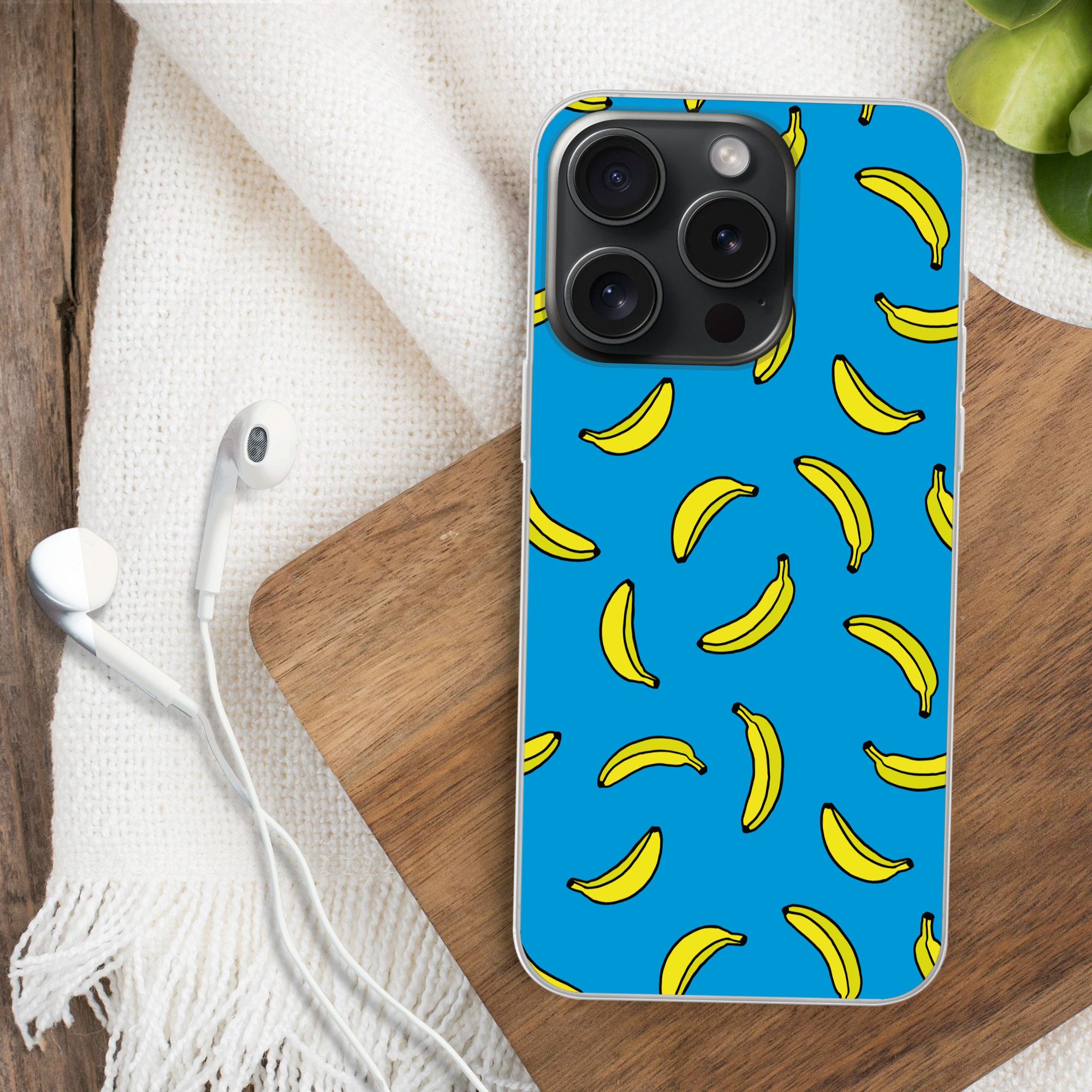 MuchoWow Handyhülle für Apple iPhone 15 Pro Bananen - Gelb - Blau - Druck, Smartphone-Bumper, Print, Handy Schutzhülle Dünn