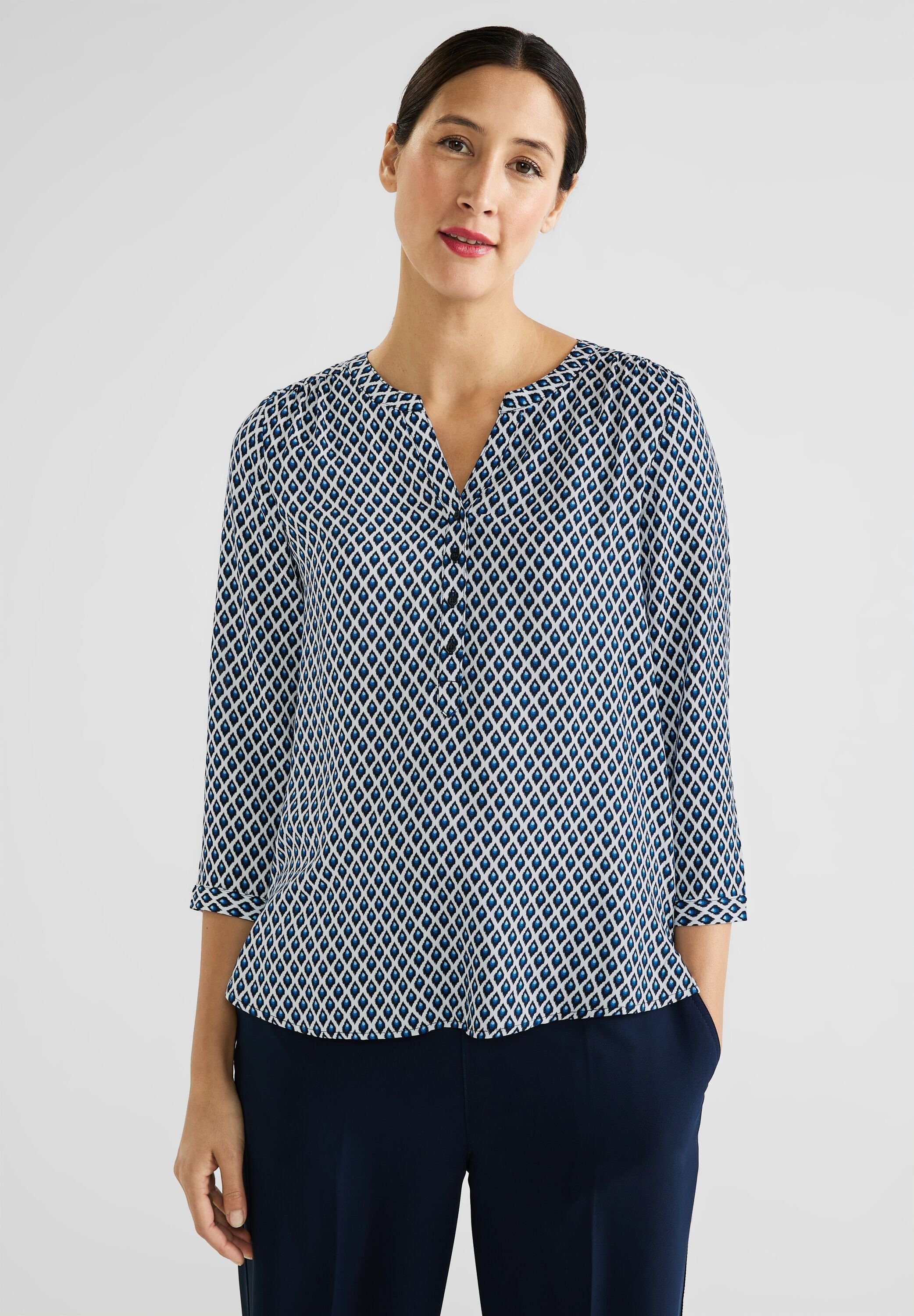 Minimalmuster geschlitztem STREET ONE Shirtbluse Ikat Rundhalsausschnitt, mit