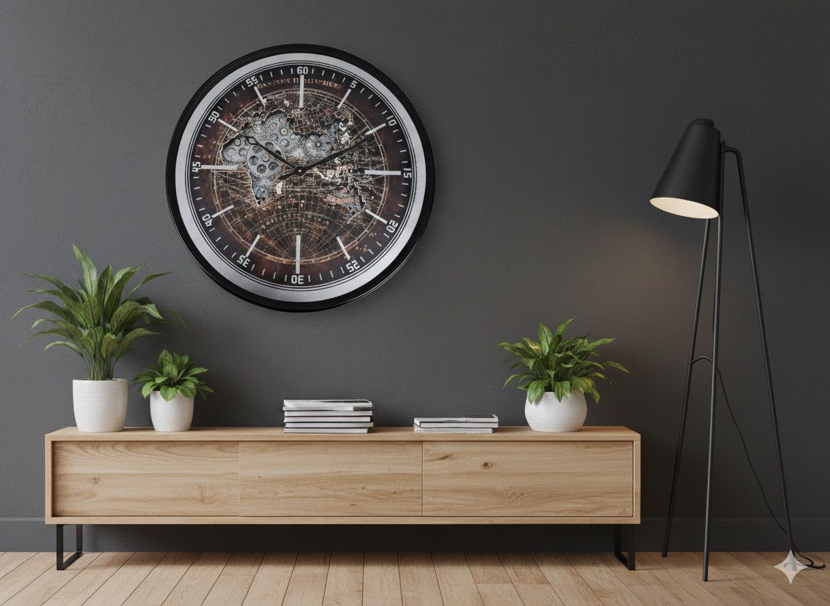 formano Wanduhr Welt mit sichtbar beweglichen Zahnrädern XXL 60 cm Metallgehäuse (Sichtbar bewegliche Zahnräder)