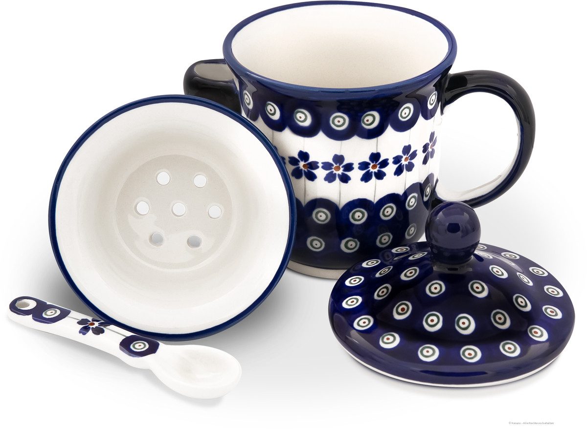 Bunzlauer Keramik Becher Bunzlauer Keramik 270ml Teebecher mit Deckel,Teesieb,Löffel Dekor 166a, Keramik