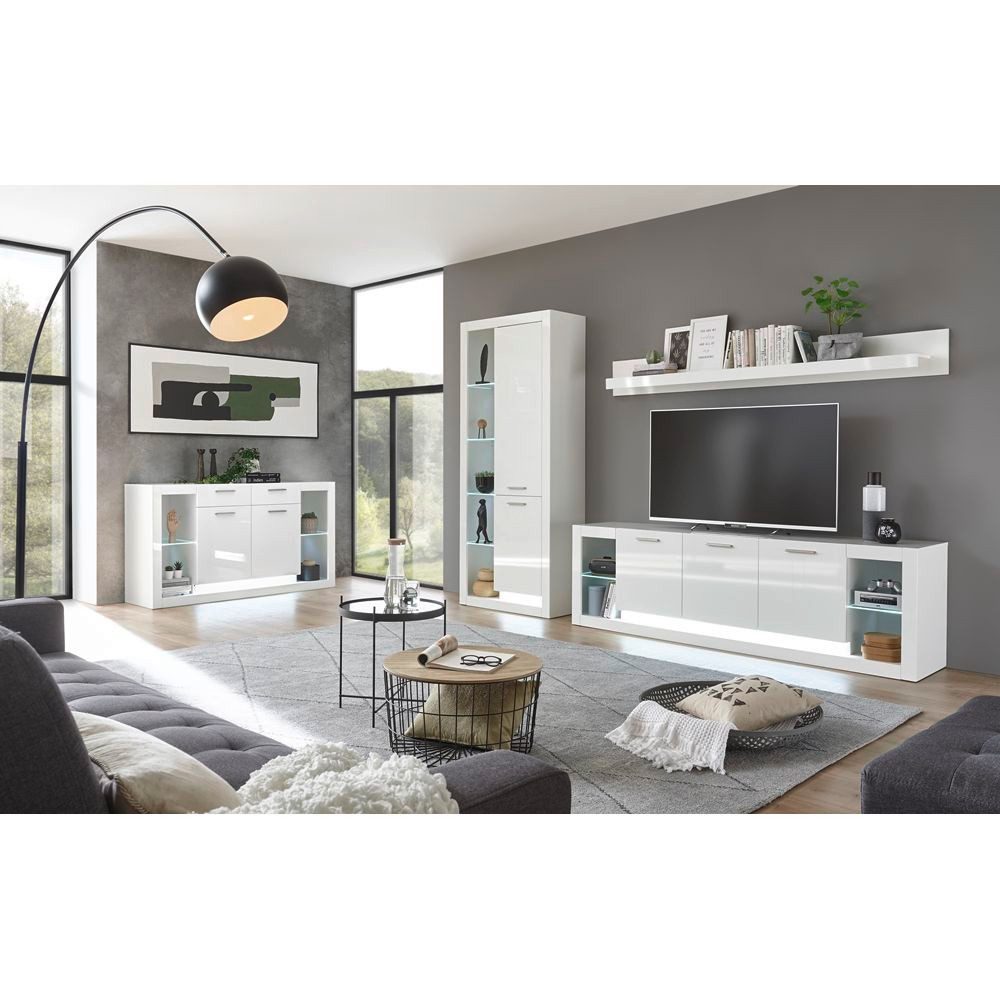 Lomadox Wohnwand MAILAND-61, weiß LED-Beleuchtung 298/198/43 cm