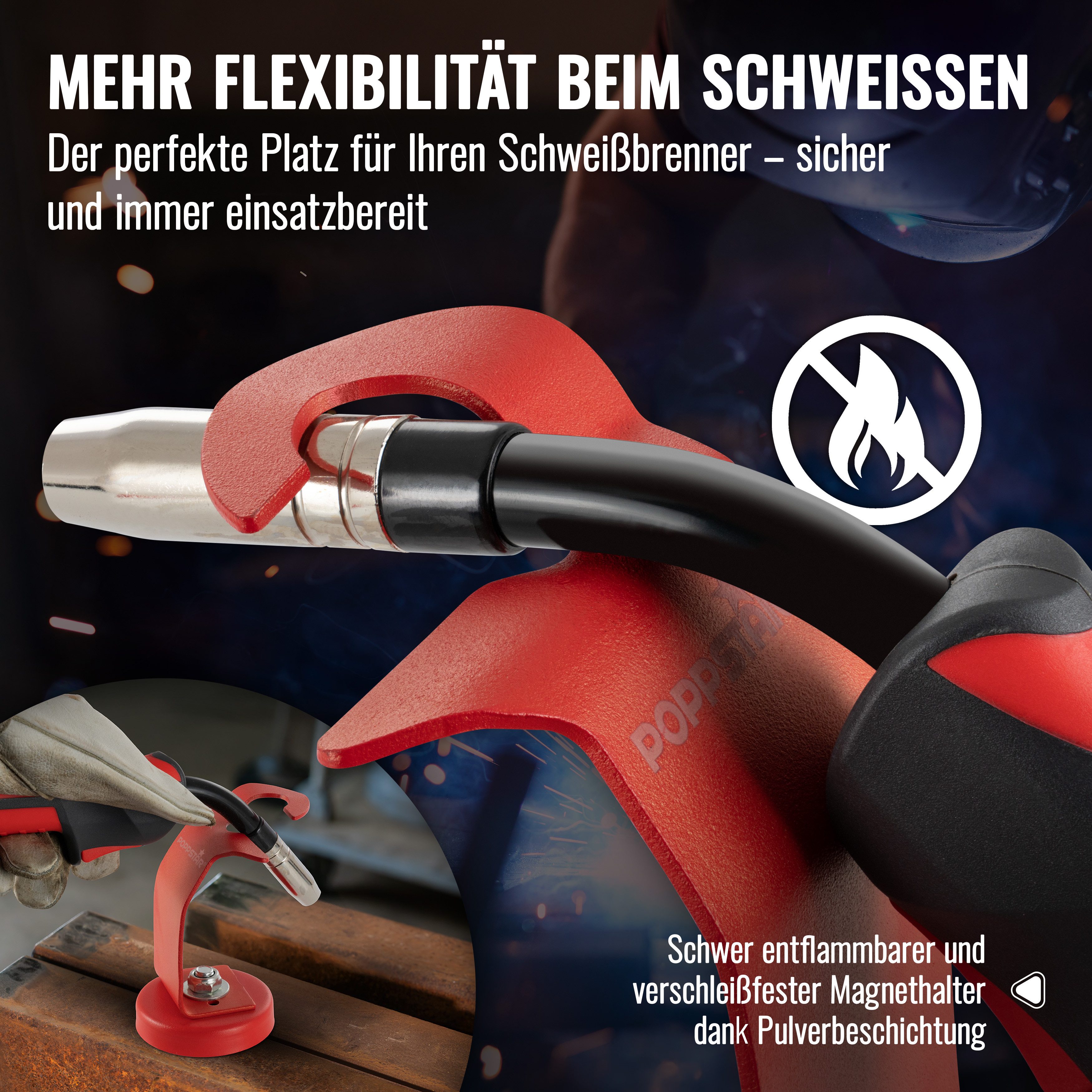 Poppstar Werkzeughalter Brennerhalter für MIG MAG Schweißgeräte, mit Magnetfuß zur Befestigung am Schweißtisch, z.B. für MB-15 AK, MB-25 AK, Universelle Schweißbrenner-Halterung
