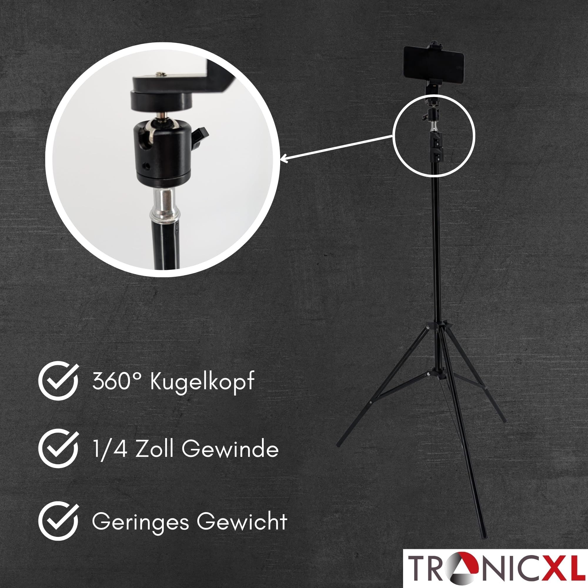 TronicXL Smartphone Stativ drehbar höhenverstellbar bis 2m Kamerastativ Ständer Dreibeinstativ (höhenverstellbar, hoch,groß, mit Kugelkopf) – Bild 4 von 5