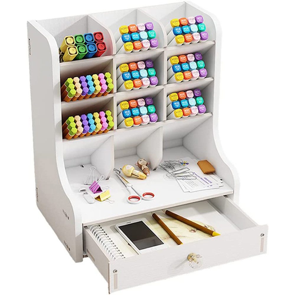 AFKSMILE Schreibtisch-Organizer Schreibtisch-Organizer mit Schublade,DIY-Bleistifthalter,Schreibwaren , Stifthalter Aufbewahrungsbox Holz,Multifunktionaler Büro Organizer