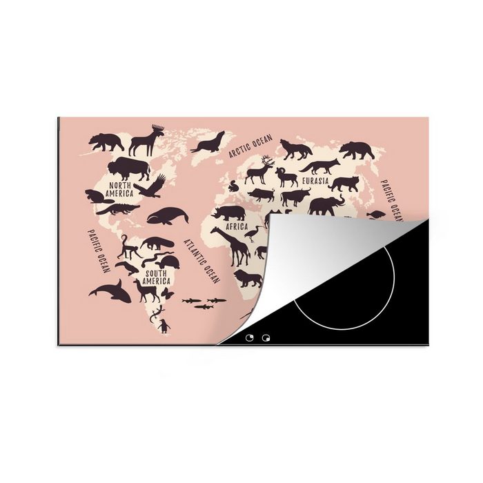 MuchoWow Herdblende-/Abdeckplatte Weltkarte - Rosa - Tiere Vinyl (1 tlg) Ceranfeldabdeckung für die küche Induktionsmatte