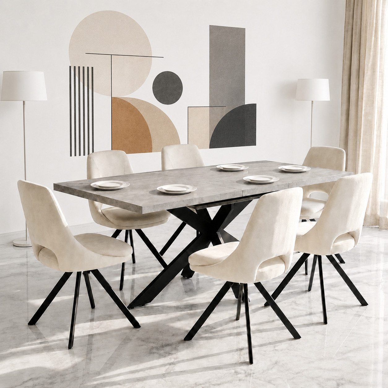 Jiexi Esstisch Tisch-und Stuhlset, Ausziehbarer Esstisch (130–170 cm) mit 4-6 Stühlen, ausziehbarer, hohe Härte, für 6 Personen