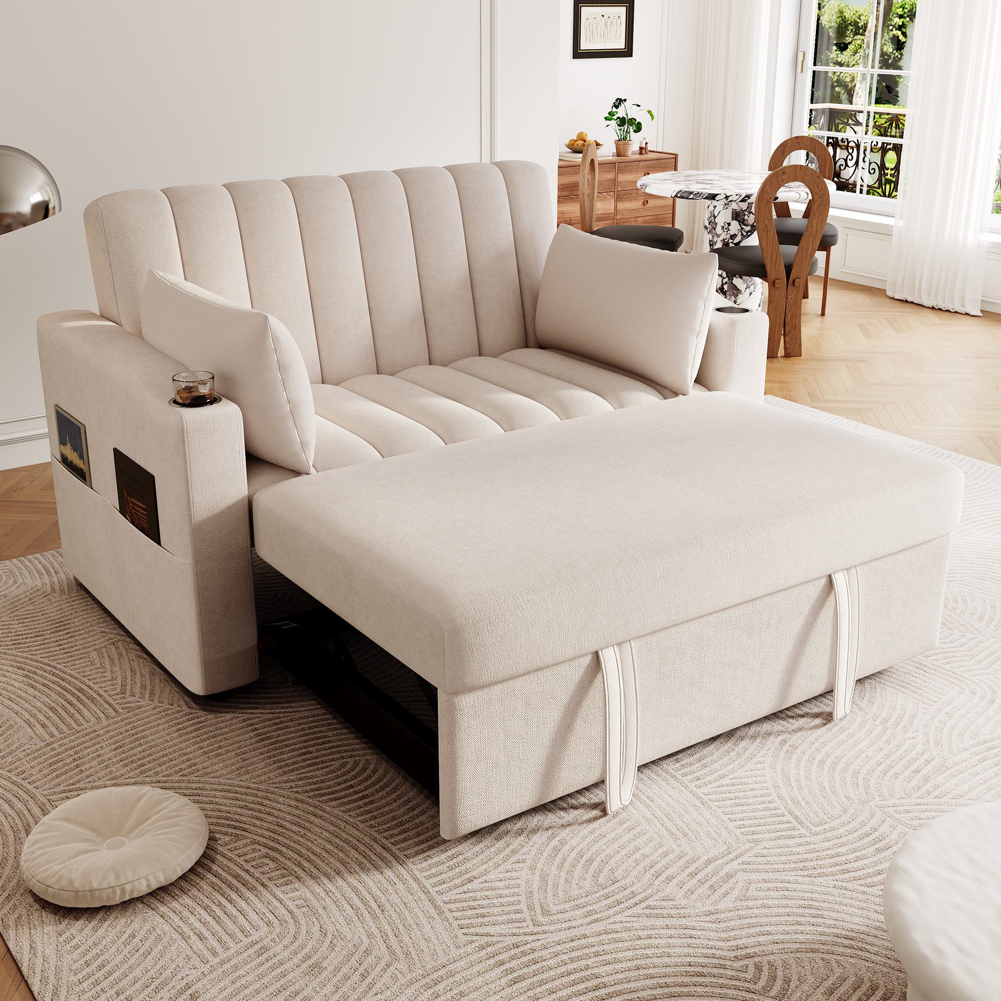 Merax Schlafsofa 2-Sitzer Sofa mit Schlaffunktion, 1 Teile, Doppelsofa mit verstellbarer Rückenlehne, Getränkehalter und Kissen