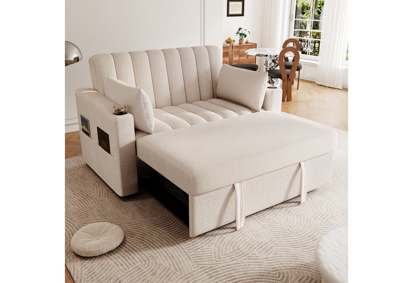 Merax Schlafsofa 2-Sitzer Sofa mit Schlaffunktion, 1 Teile, Doppelsofa mit verstellbarer Rückenlehne, Getränkehalter und Kissen